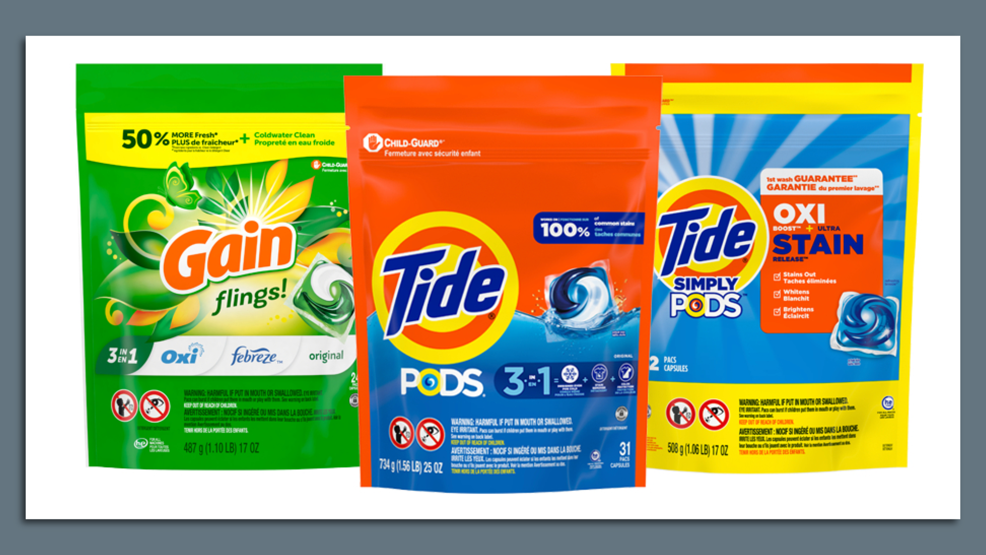 Bag of Gain Flings laundry detergent and two bags of Tide Pods