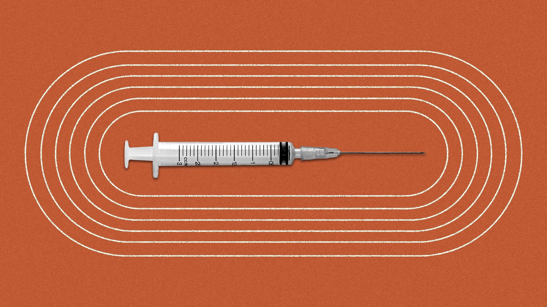 Illustration of a syringe at the center of an oval racetrack