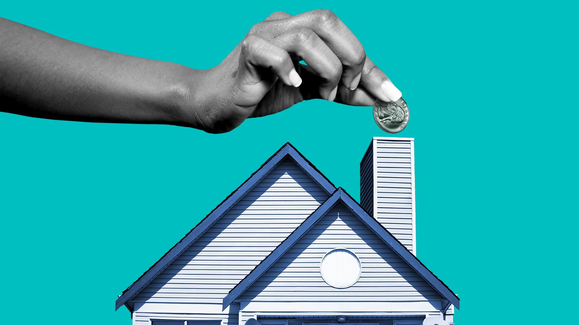 Illustration of a hand placing a quarter into a house chimney