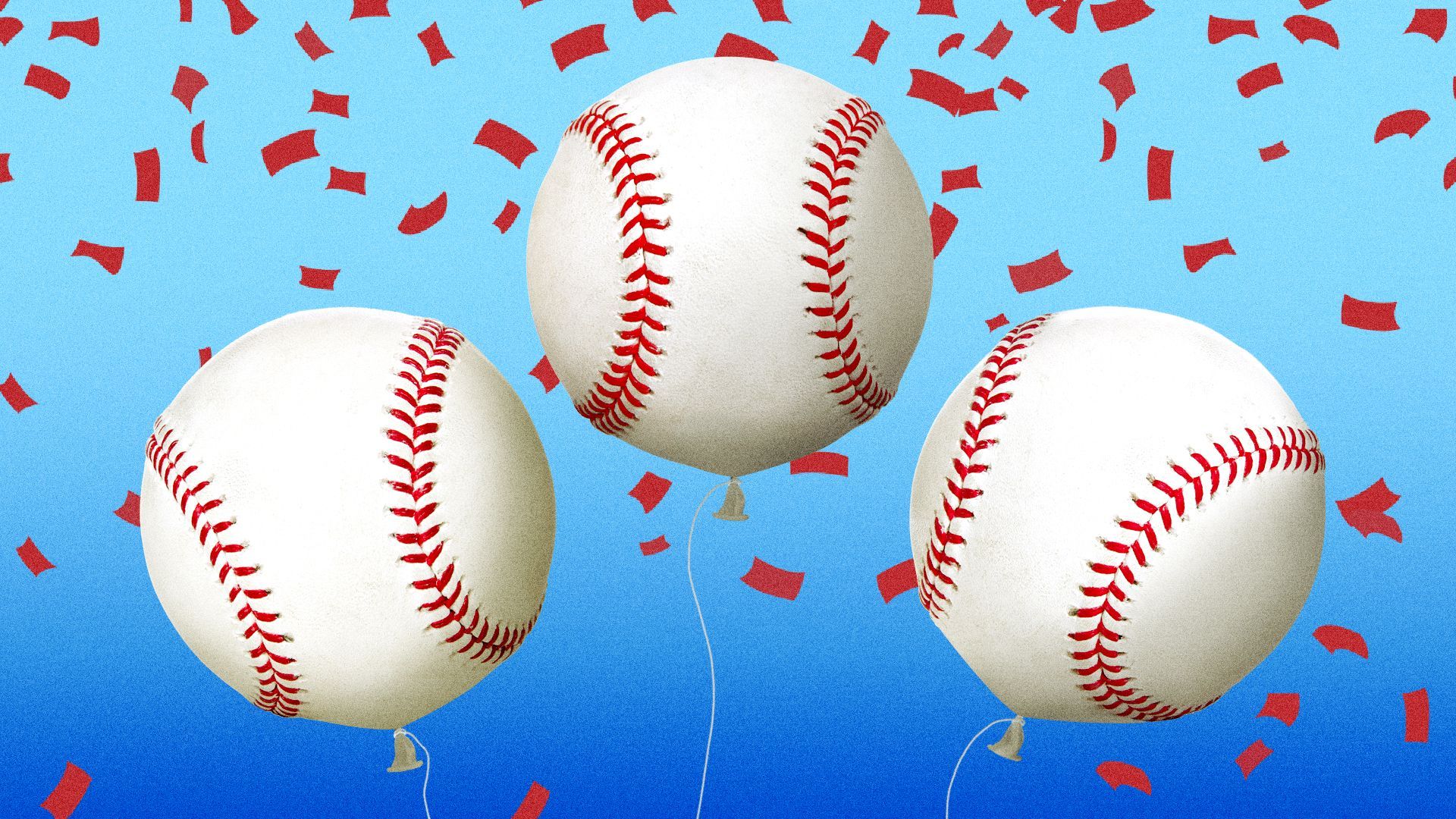 Illustration of confetti falling behind balloons made of baseballs.