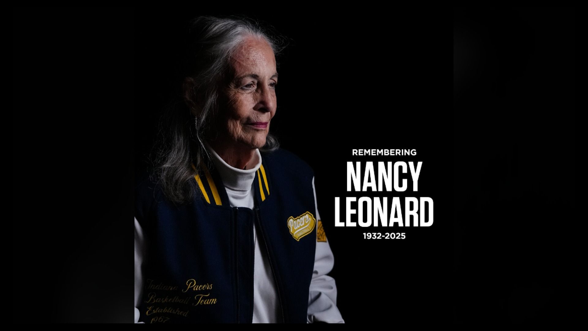 Portrait of an elderly woman with gray hair wearing a navy and white Indiana Pacers jacket, next to text reading "Remembering Nancy Leonard 1932-2025" on a black background.