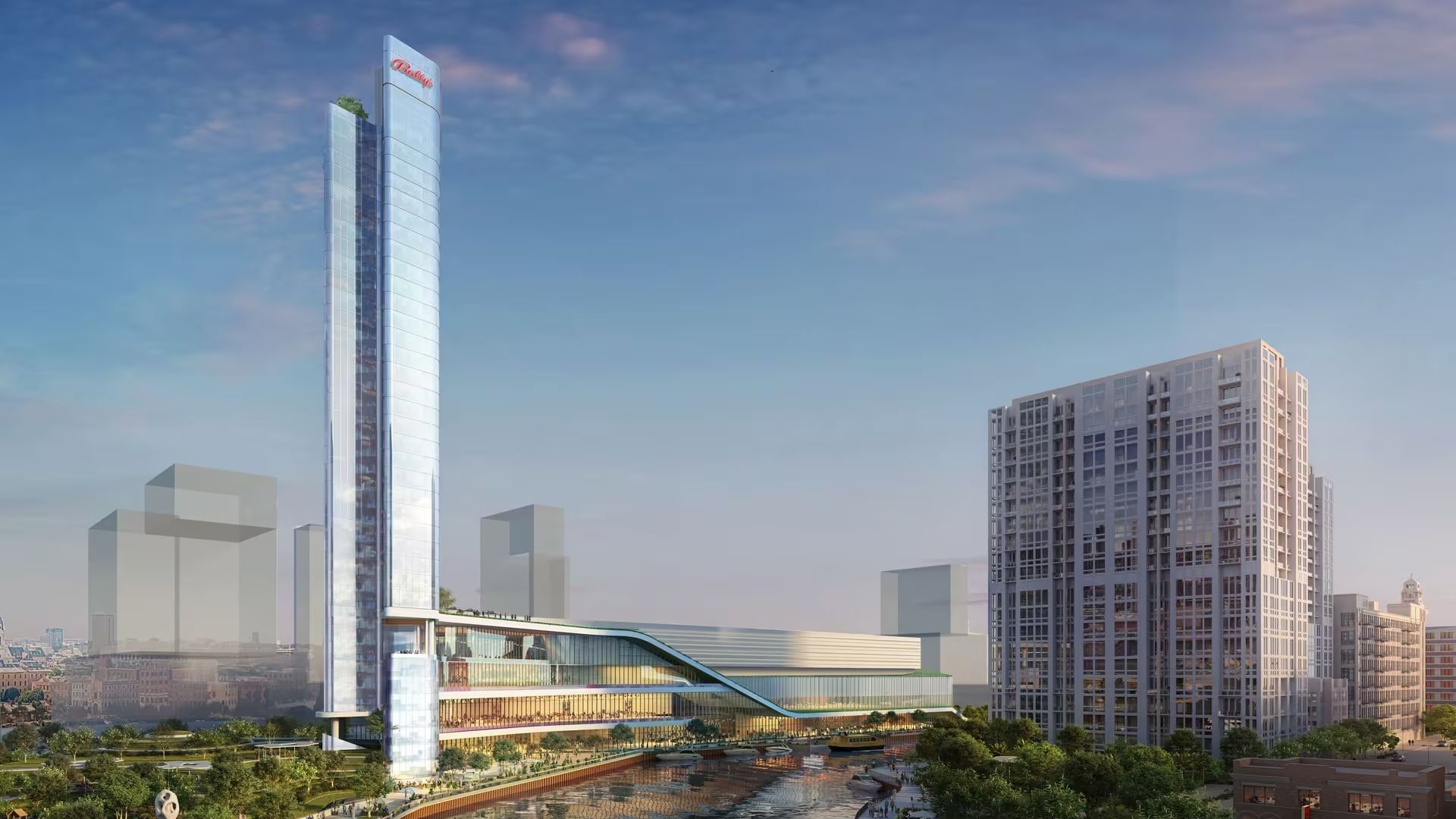 Renderings of a multiple story thin silver building with Bally's at the top, next to a lower property all sitting on the Chicago River. 