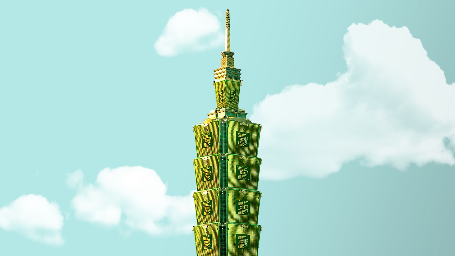 Illustration of Taipei 101 made out of computer chips.