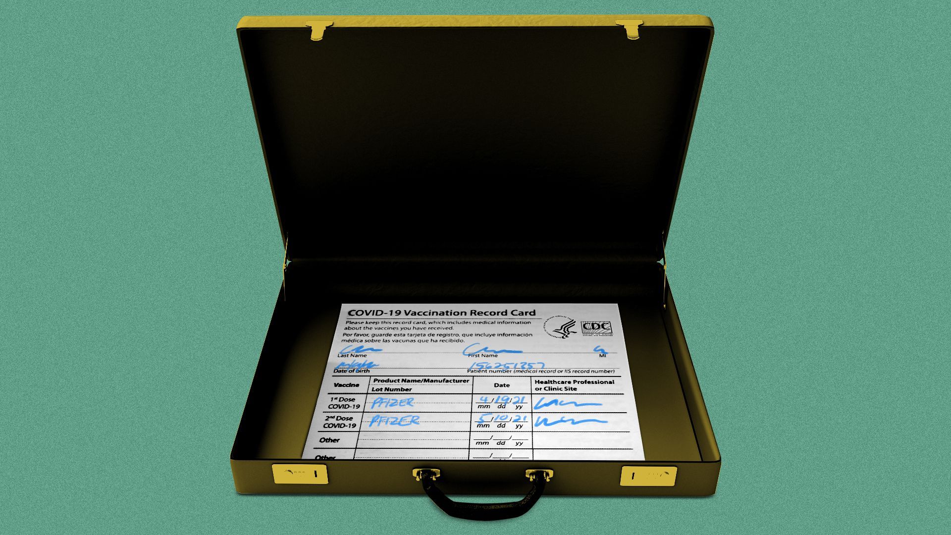 Illustration of a briefcase with a vaccination record card in it.