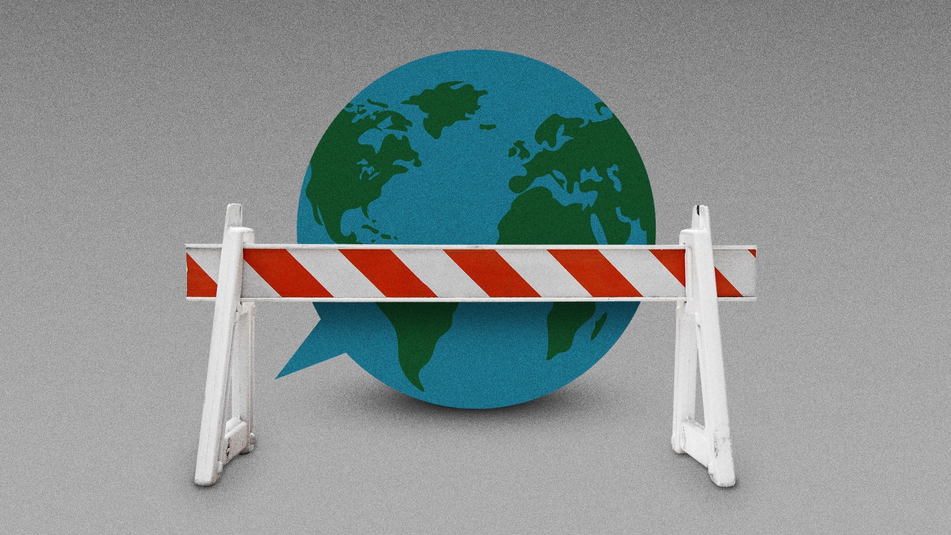 Illustration of a globe speech bubble behind a road block.
