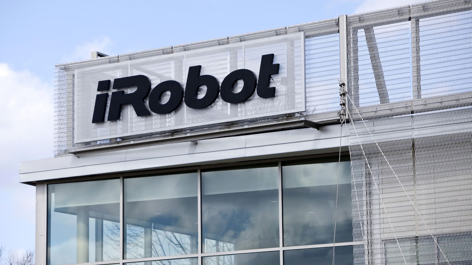 iRobot Inc. signage is displayed outside of the company's headquarters in Bedford, Massachusetts, U.S.,