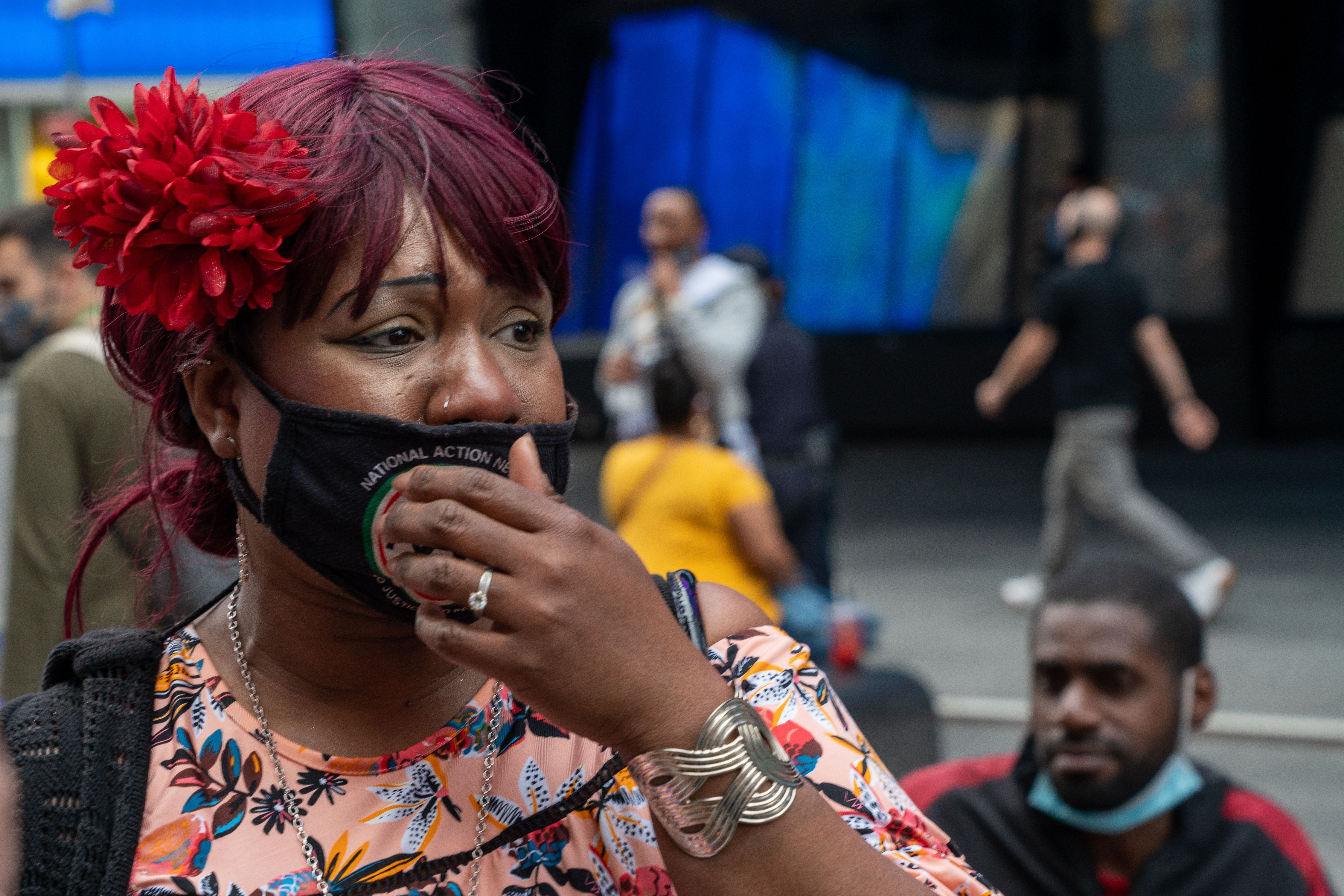 A woman weeps in response to the verdict in the Derek Chauvin trial on April 20, 2021 in New York City. 