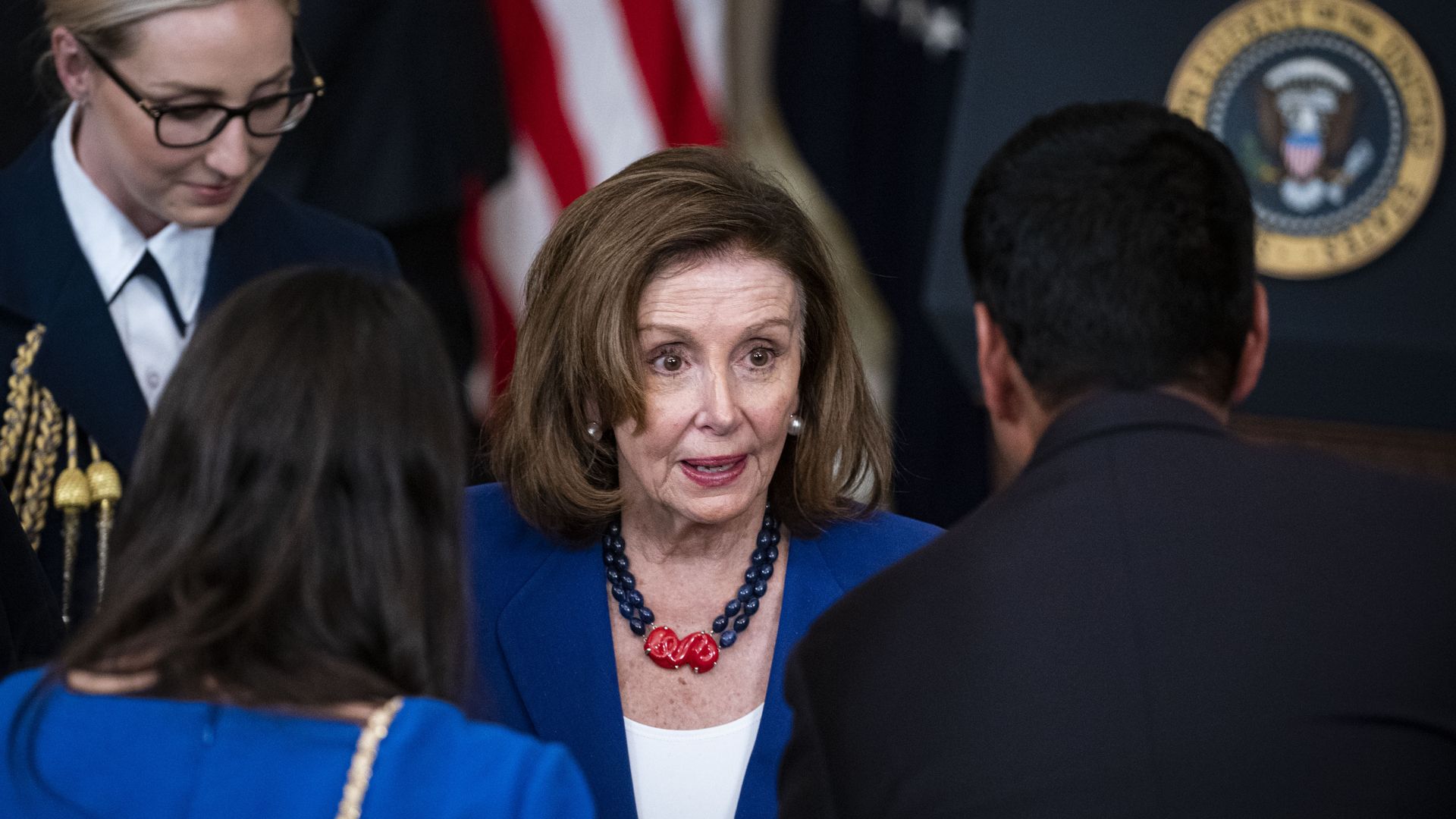U.S. House Speaker Nancy Pelosi departs following a signing event for H.R. 3076 in Washington, D.C., U.S., on Wednesday, April 6, 2022. 