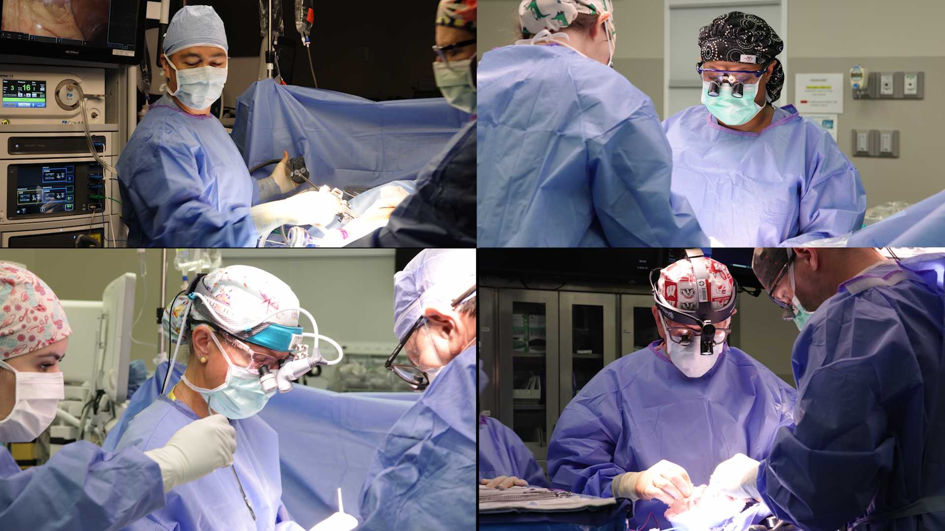 Six-panel collage of surgeons in an operating room wearing blue gowns, masks, and caps, performing surgery with monitors, IVs, and bright lights in the background.