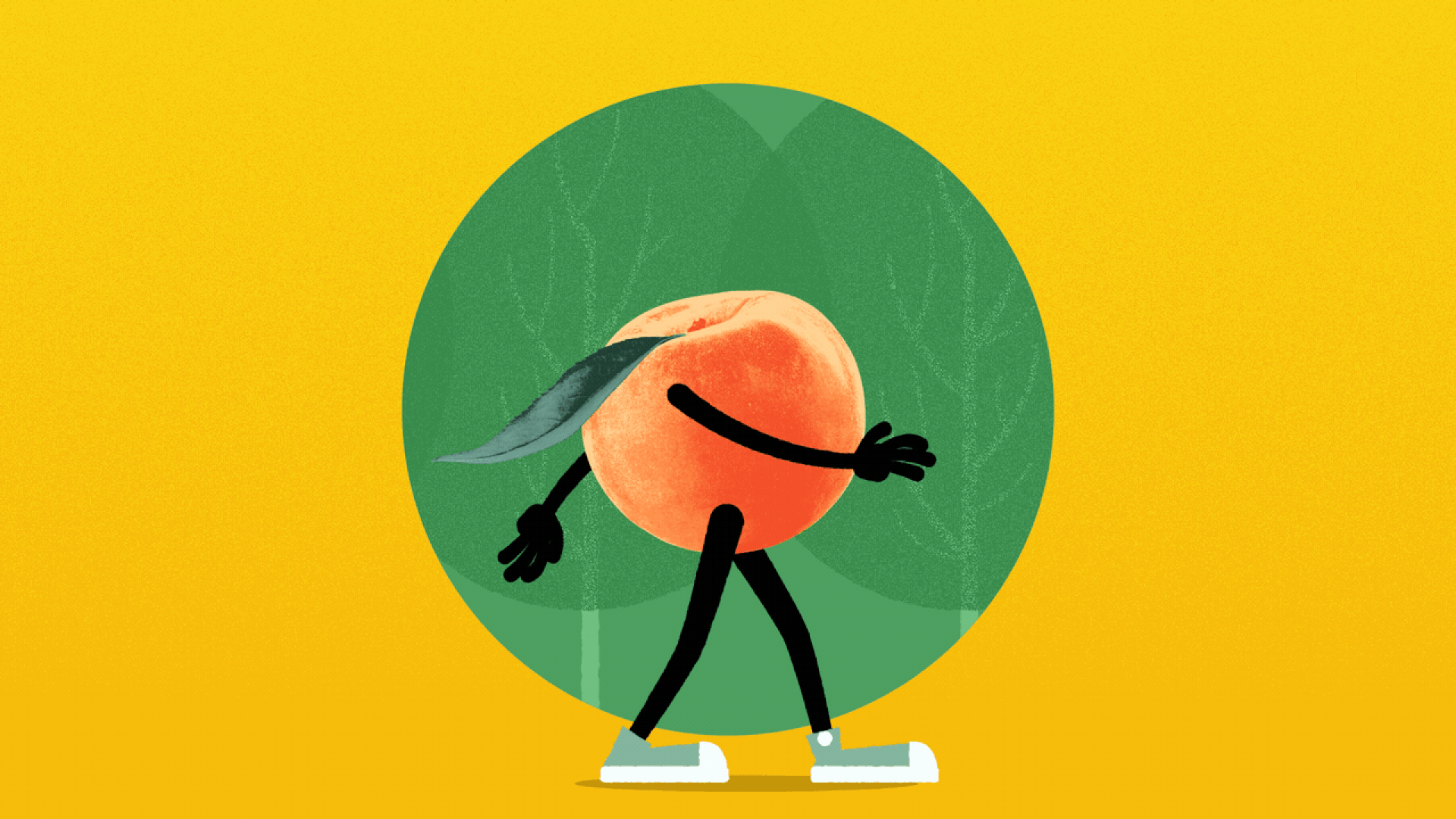 Illustration of a peach with arms and legs walking past some trees. 