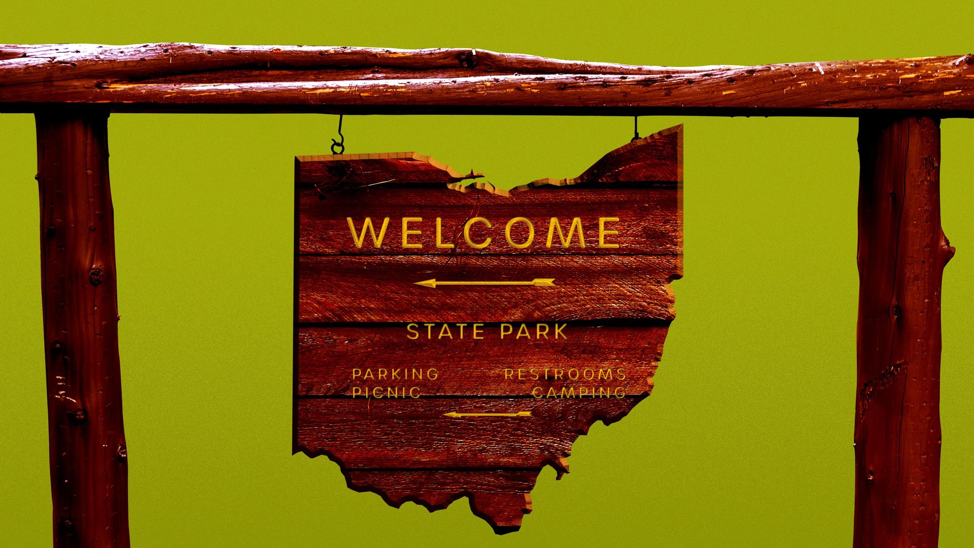 Illustration of a state park sign in the shape of Ohio.