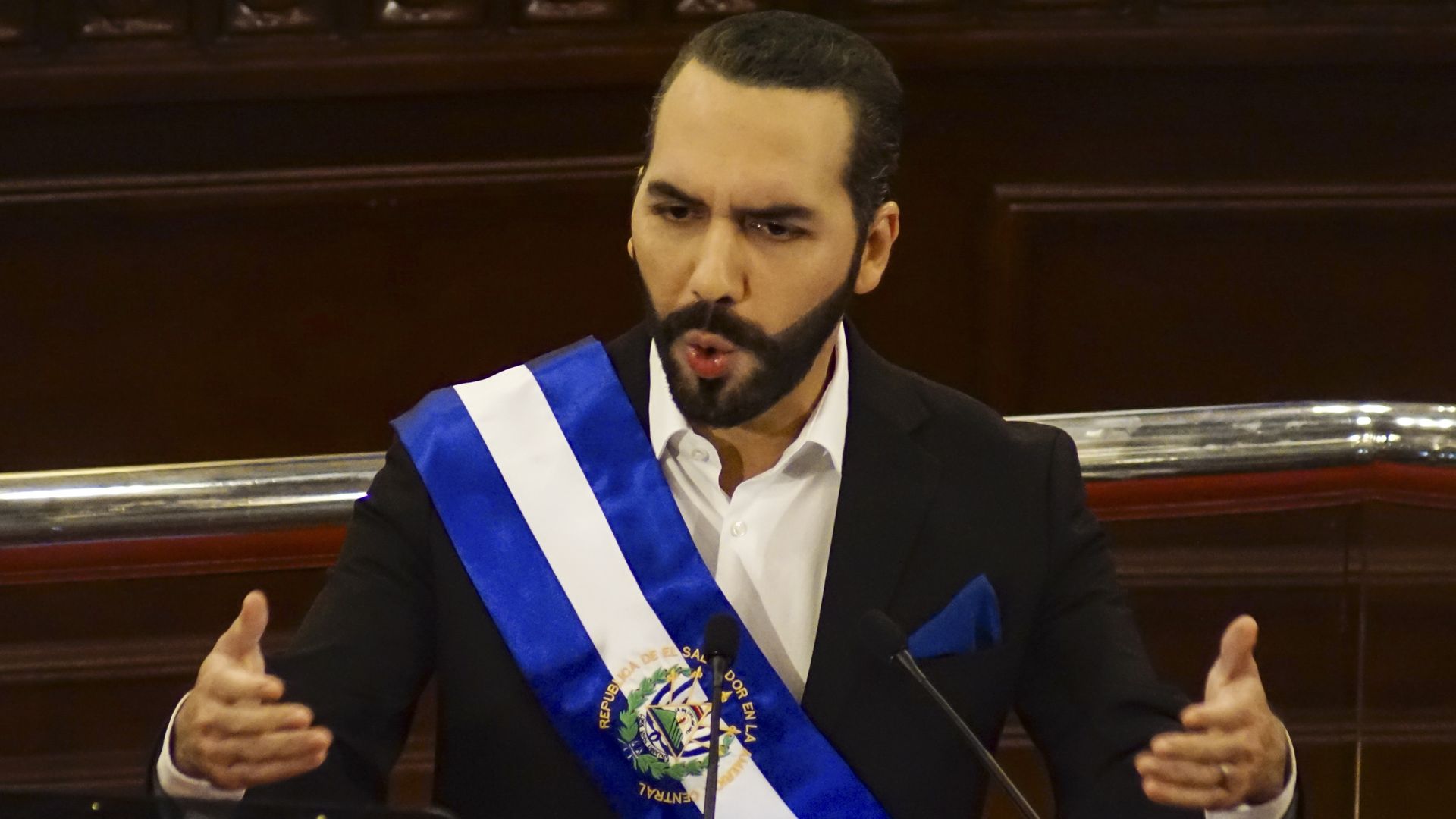 Salvadoran President Nayib Bukele gestures during a speech for his second anniversary in power on June 1, 2021 in San Salvador, El Salvador