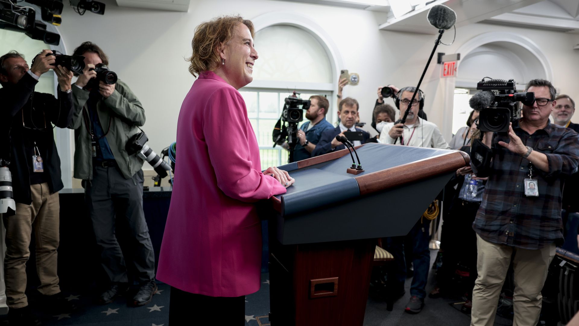 Jeopardy champ Amy Schneider is seen at the White House on National Transgender Day.