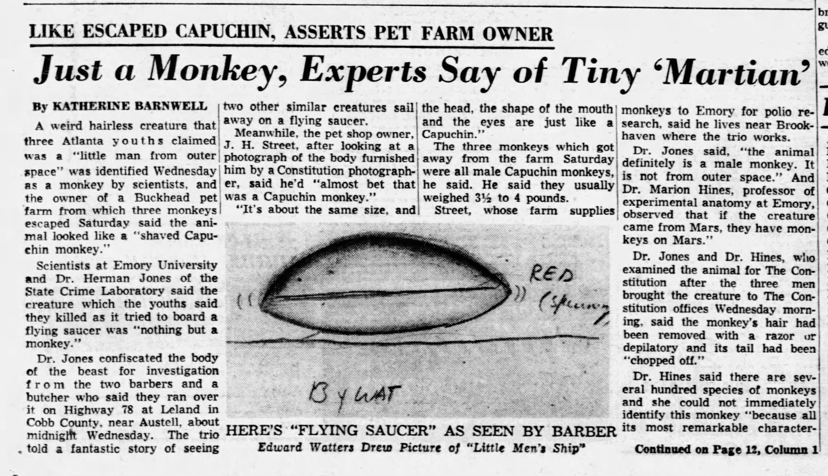 A screenshot of a 1953 newspaper article about a hoax that tried to pass off a dyed green monkey as a martian