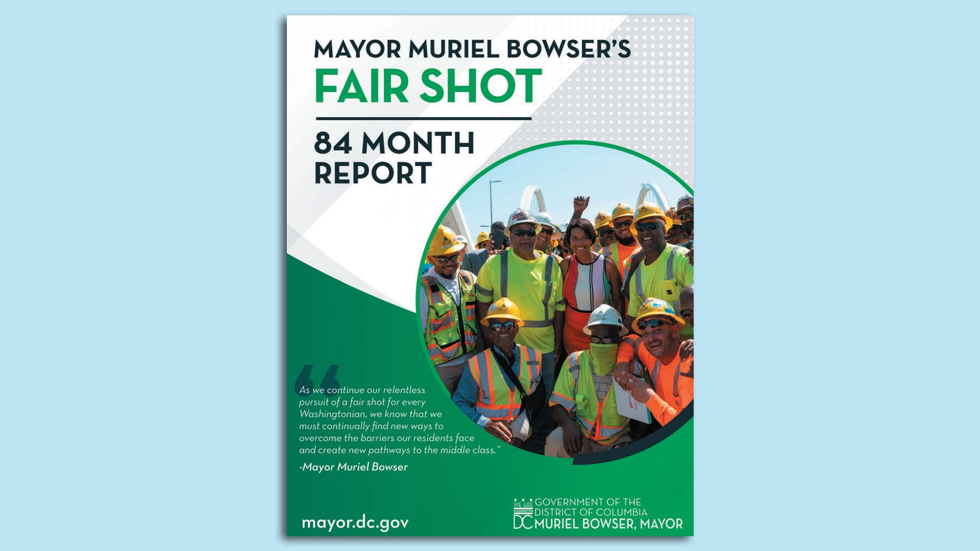 An image of Mayor Muriel Bowser's "84 month report" cover