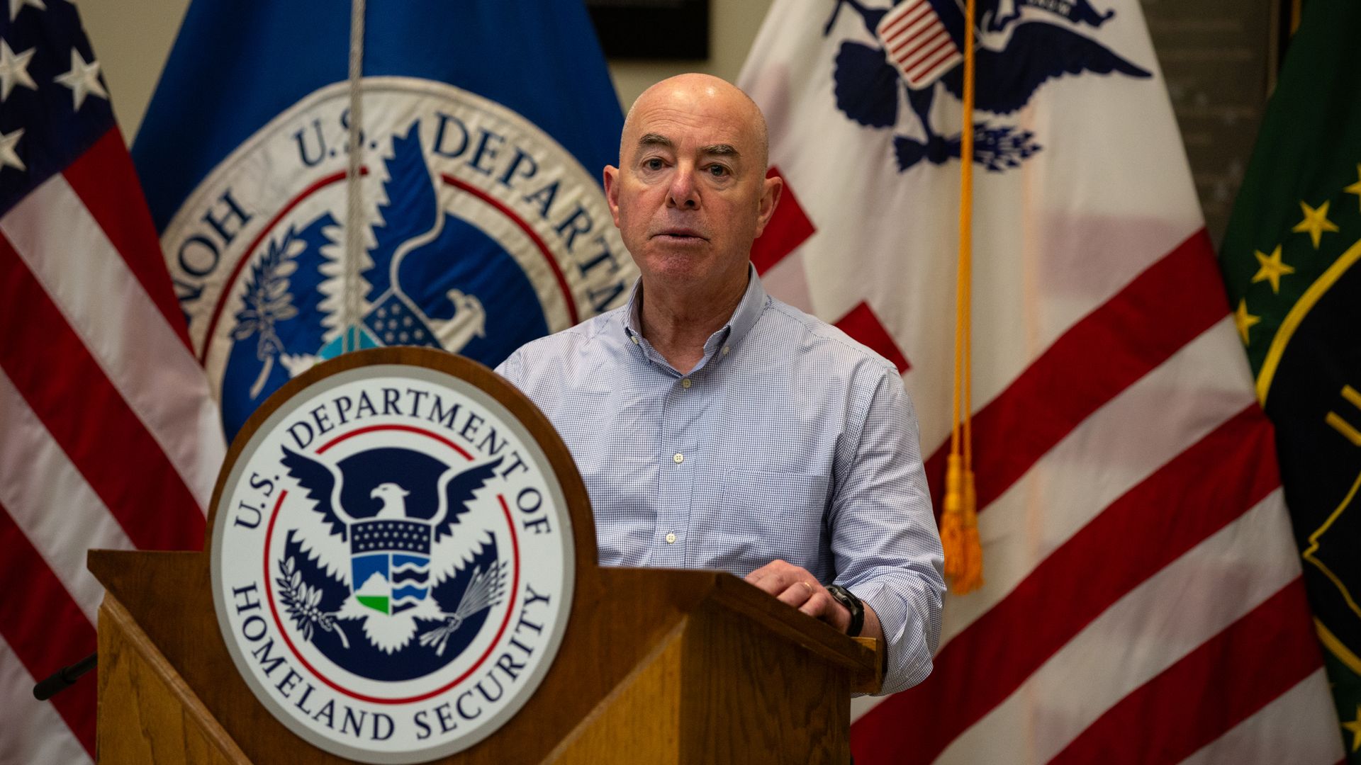 Homeland Security Secretary Alejandro Mayorkas speaking in Eagle Pass, Texas, in January 2024.