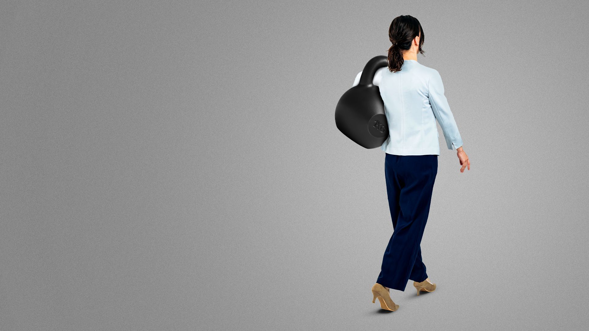 Illustration of a woman carrying a kettlebell like it's a purse. 