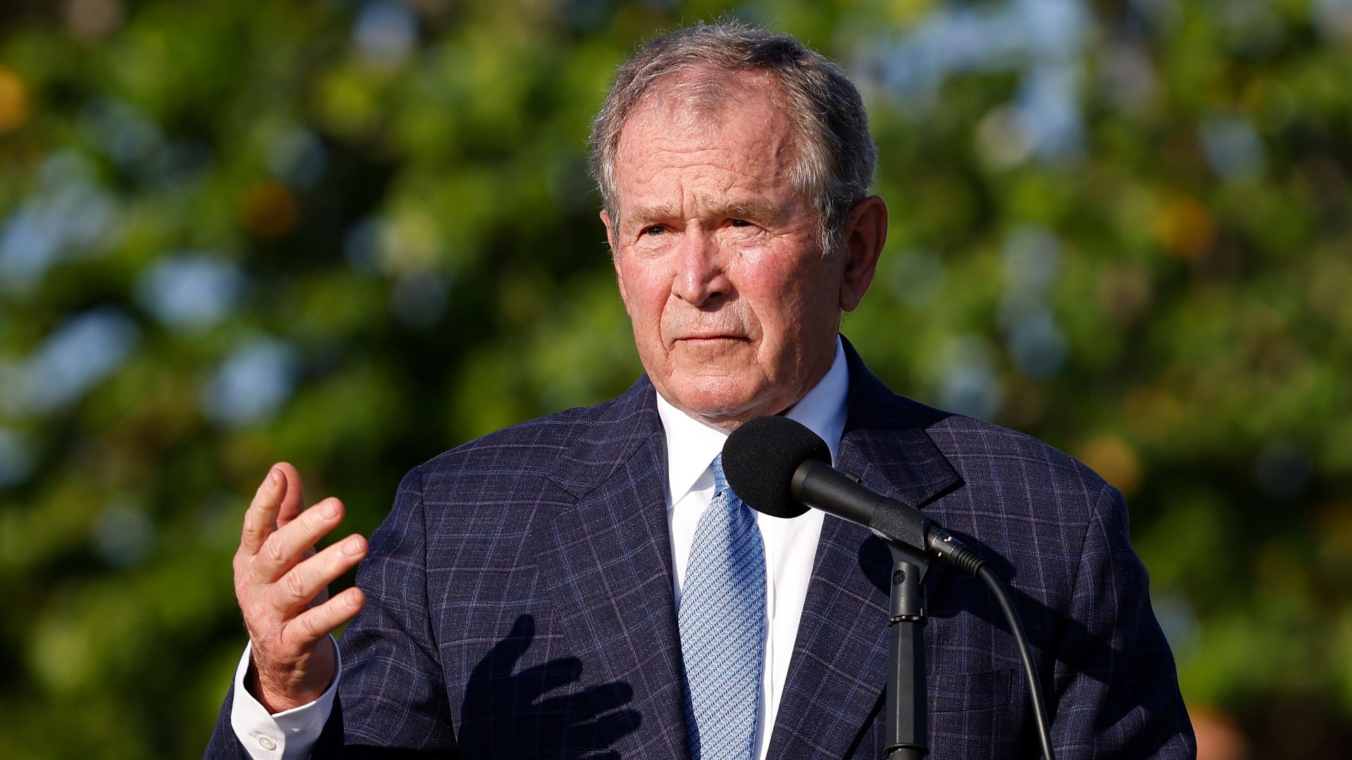 Former U.S. President George W. Bush speaks during the flag raising ceremony prior to The Walker Cup at Seminole Golf Club on May 07, 2021 in Juno Beach, Florida. 