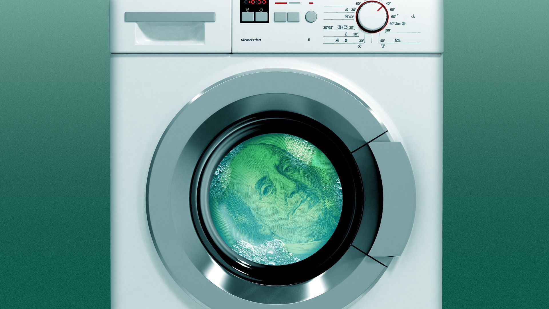 Illustration of a hundred dollar bill in a laundry machine