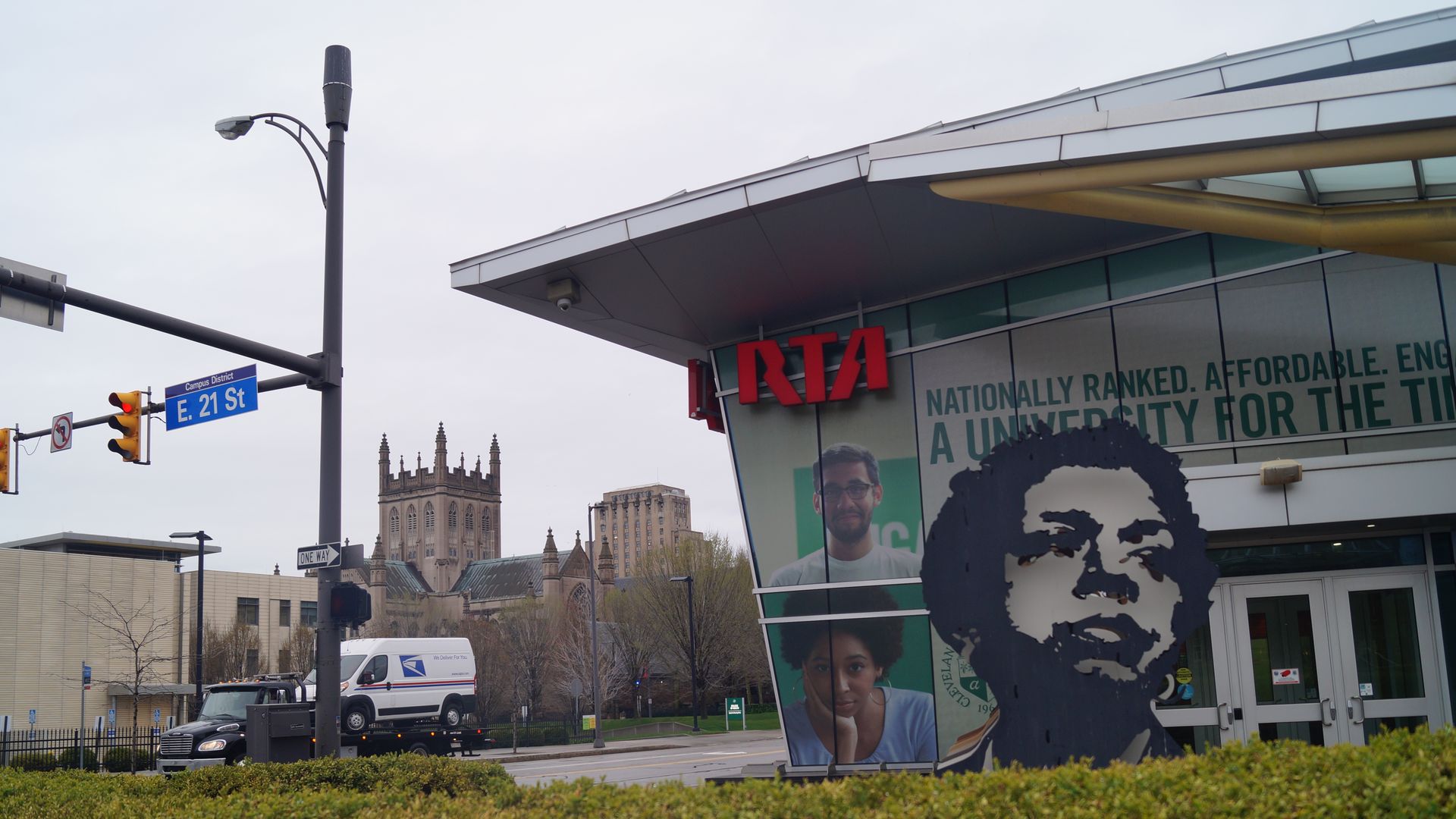 An RTA bus station with image of Stephanie Tubbs-Jones on it. 