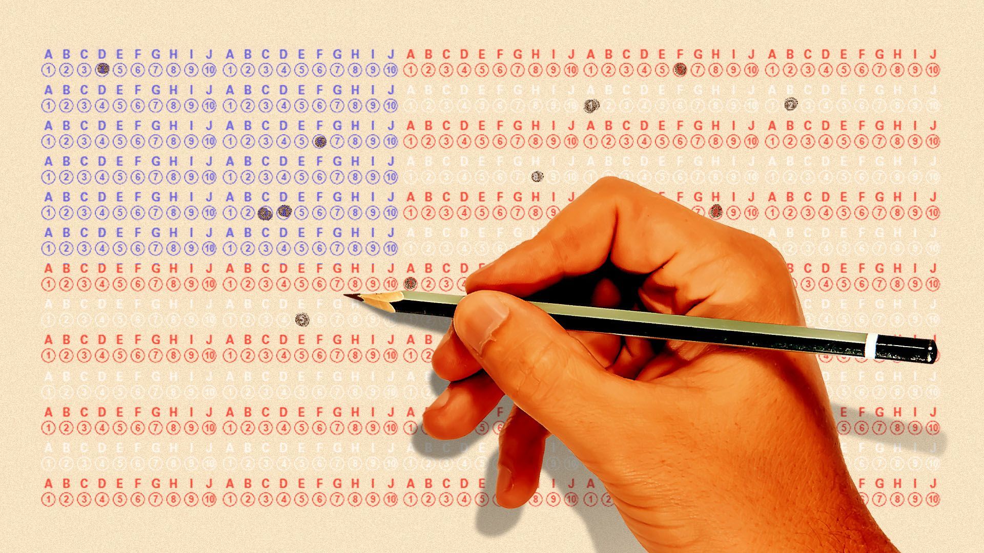 Illustration of someone taking a standardized test in the shape of the American flag