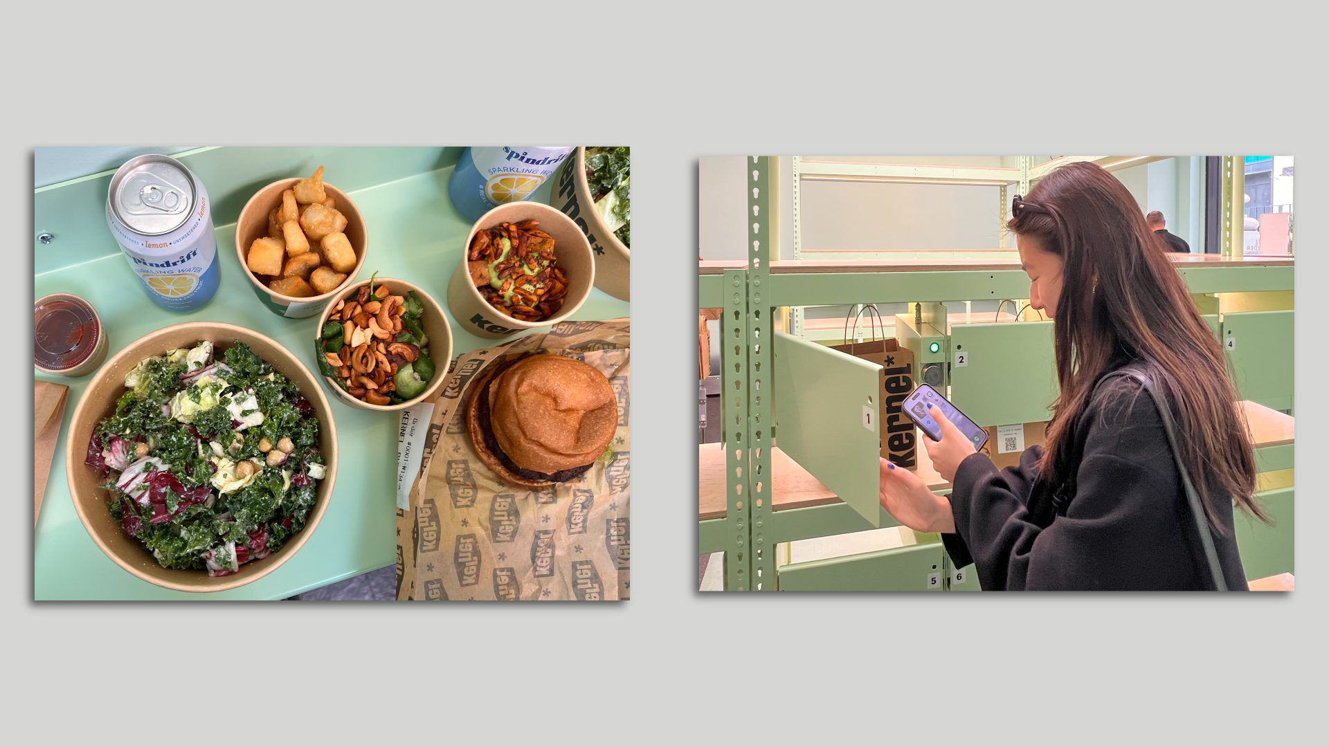 At left, a selection of vegan food from Kernel; at right, a customer picks up her food from a cubby.