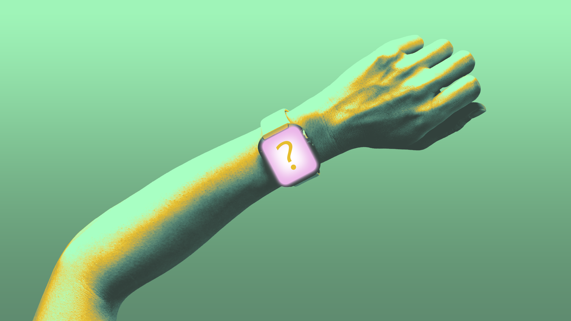 Diagonal forearm and hand wearing a mint-green smartwatch; the pink screen glows with a yellow question mark, set against a mint-to-green gradient background.