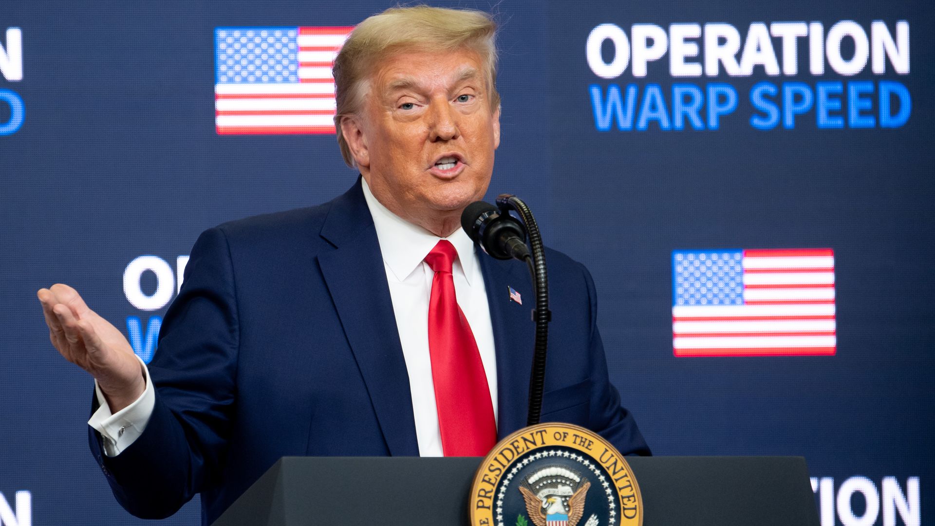 President Donald Trump speaks during the Operation Warp Speed Vaccine Summit in the Eisenhower Executive Office Building adjacent to the White House