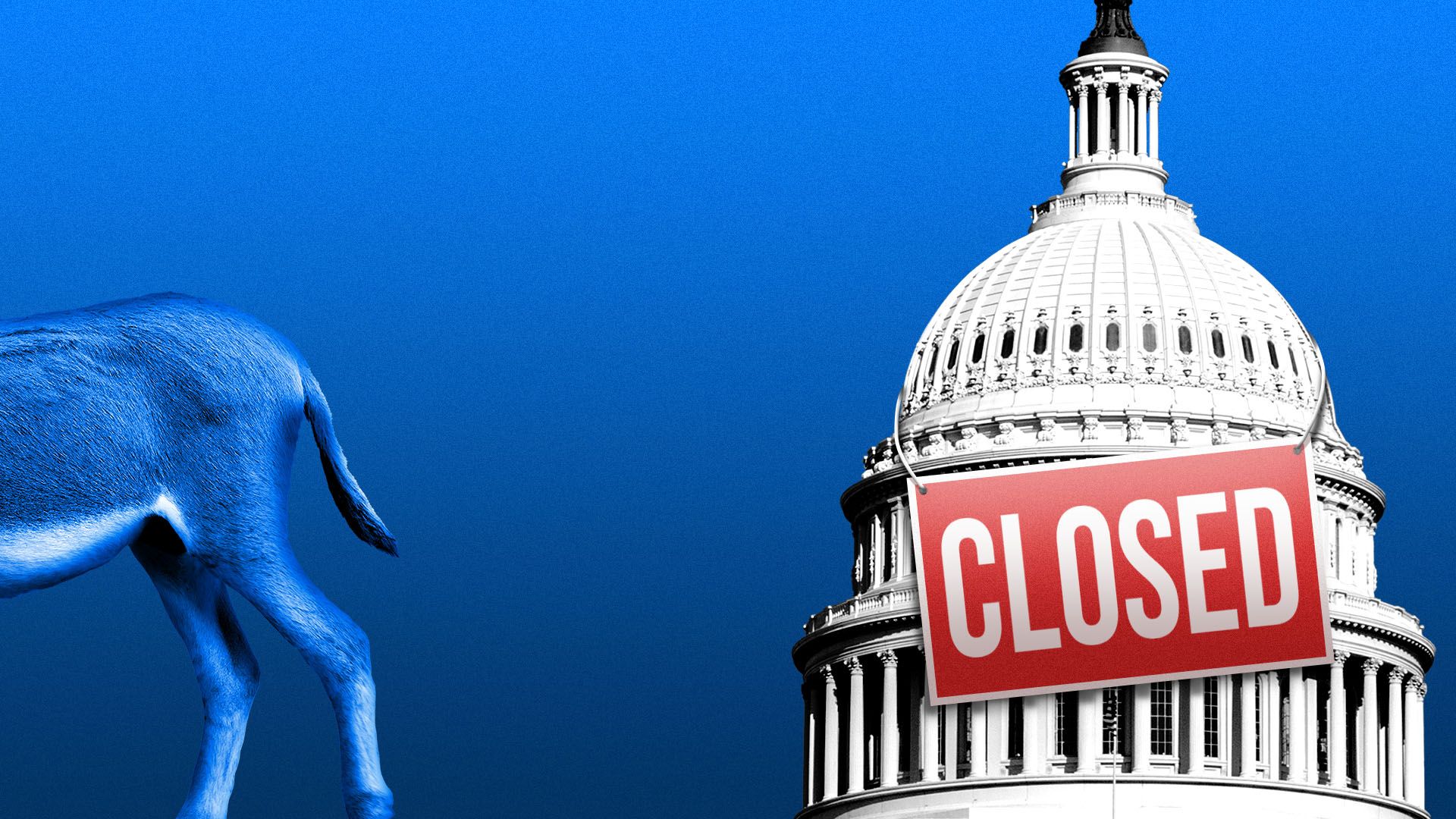 Illustration of a donkey walking off from the Capitol Building with a "closed" sign on it