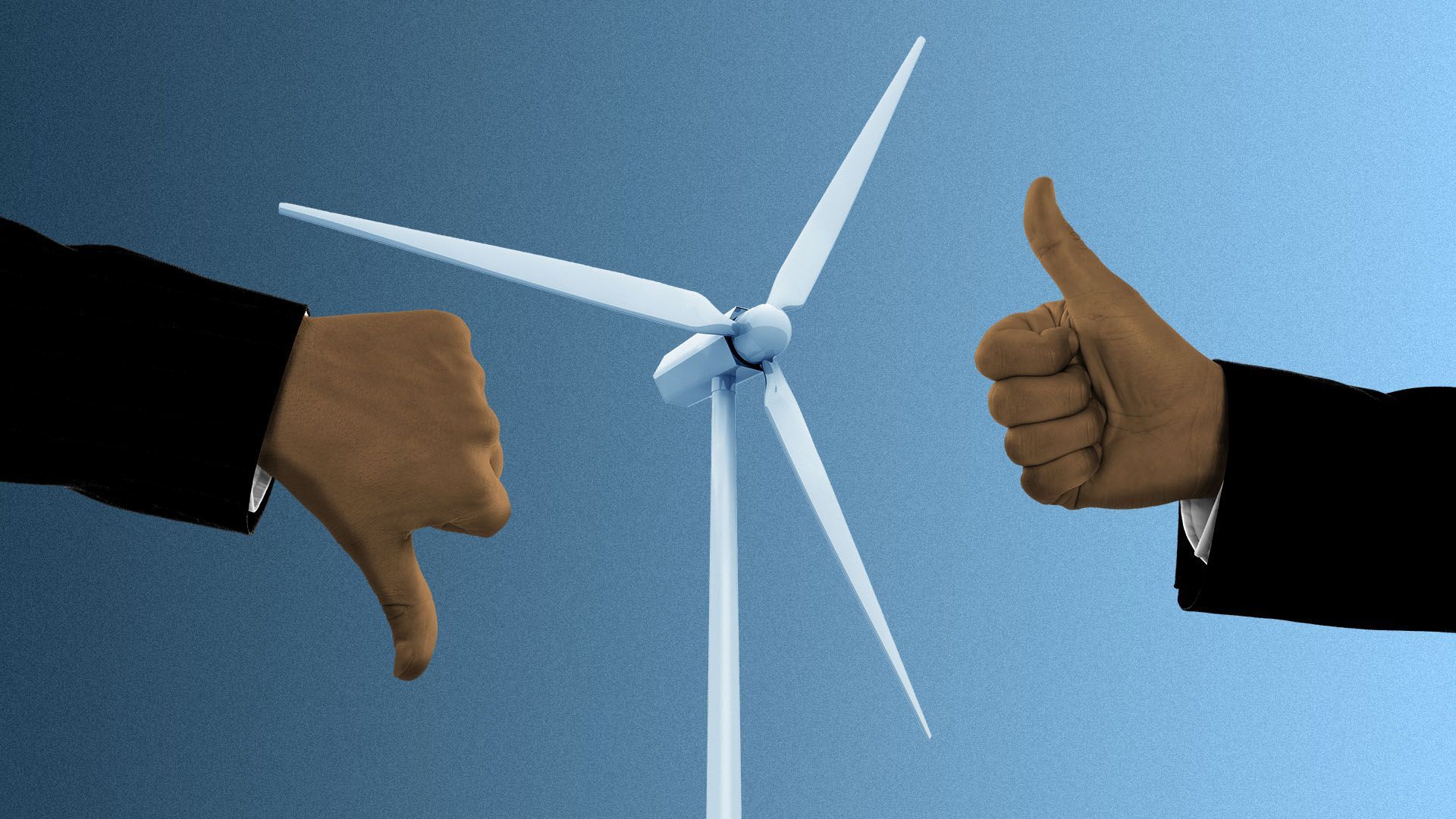 Illustration of a wind turbine with a thumbs up on one side and a thumbs down on the other