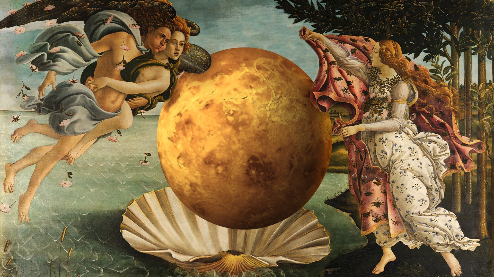 Illustration of Sandro Botticelli's The Birth of Venus, with the figure of Venus replaced by the planet of Venus.  