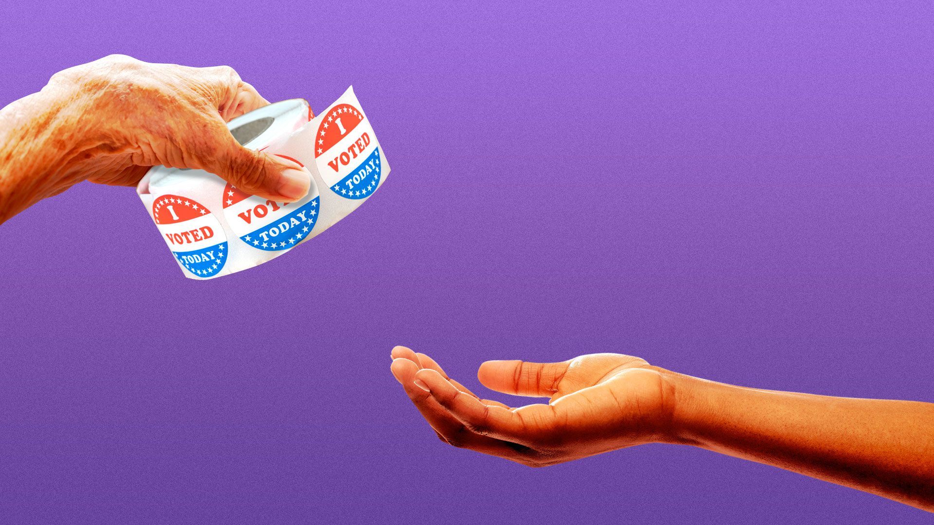 Illustration of an older hand handing I Voted stickers to a younger hand. 