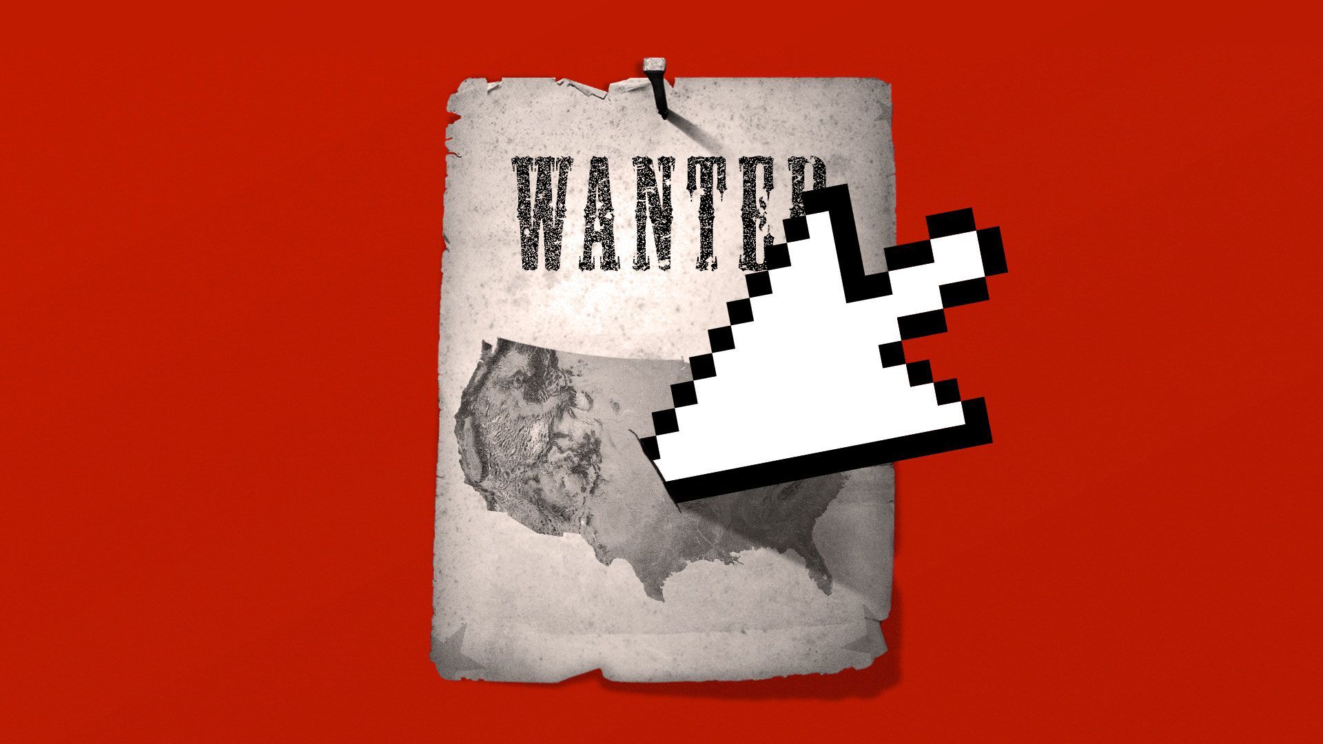 Illustration of a wanted poster with the United States. A cursor is piercing the sign.