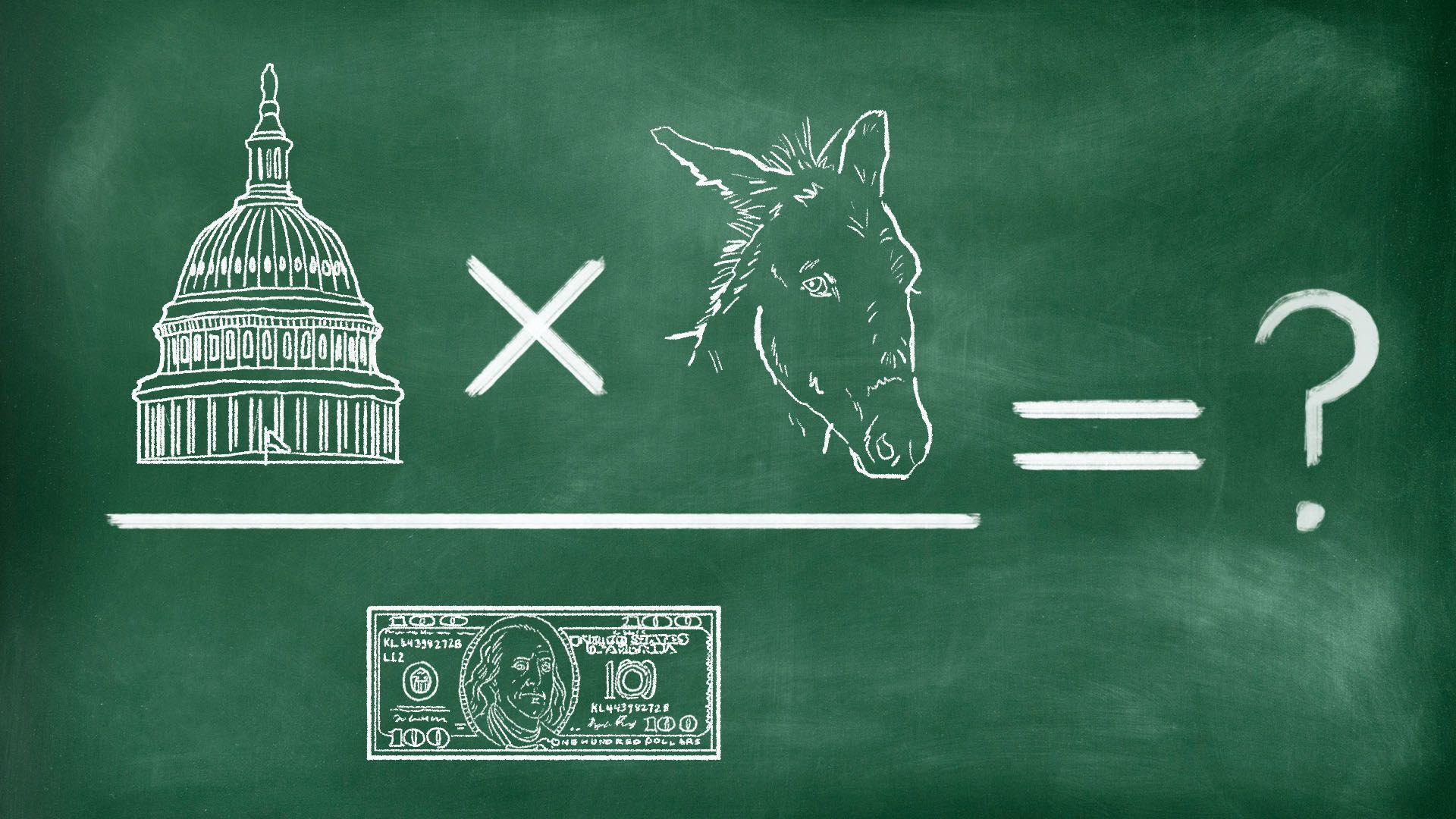 Illustration of a chalkboard with a math equation featuring the capitol dome, a donkey, and a hundred dollar bill