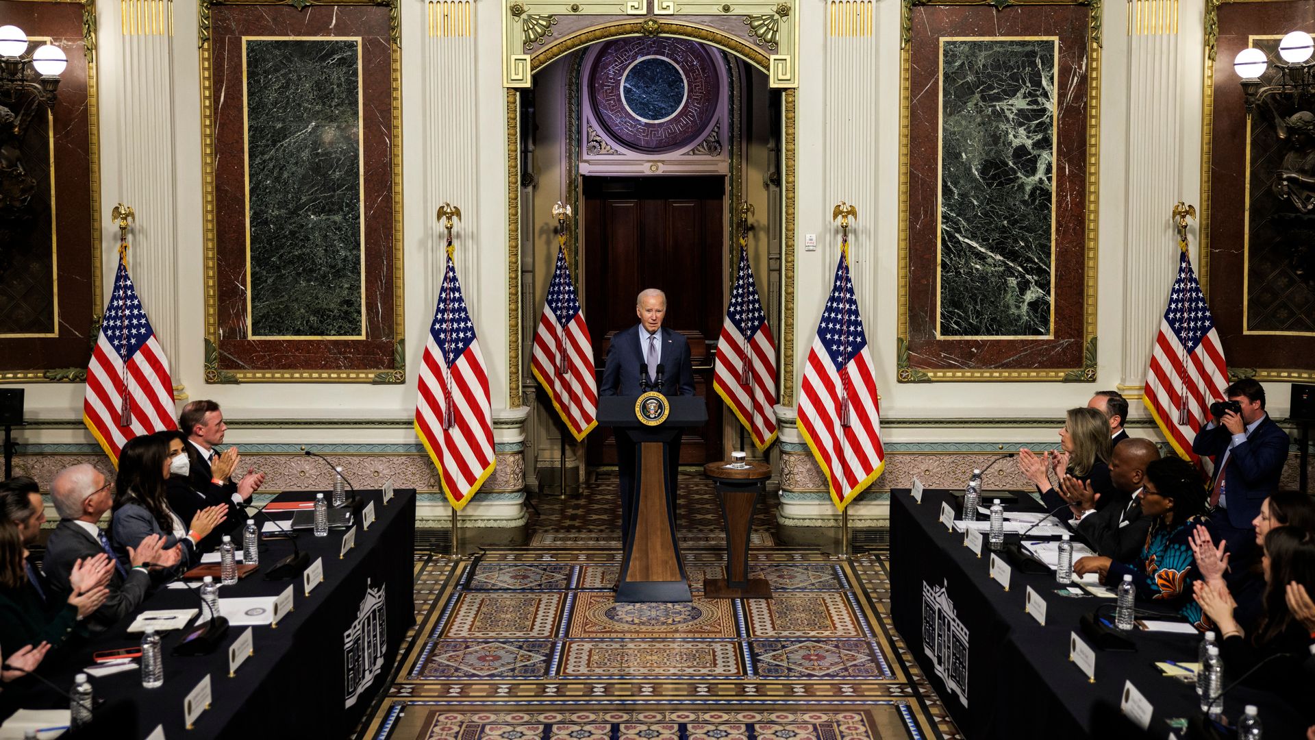 President Biden, center speaks during a roundtable discussion with Jewish community leaders in the Indian Treaty Room of the White House. Photo: Samuel Corum/Sipa/Bloomberg via Getty Images