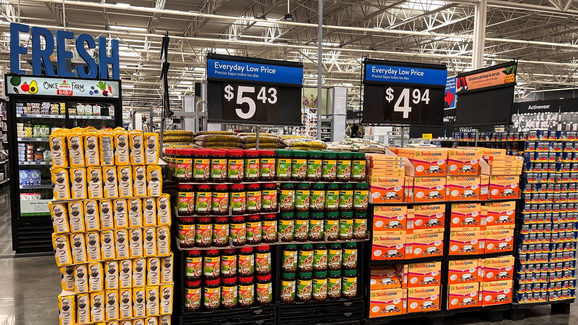 Prices atop groceries on display at a Walmart store in Texas.