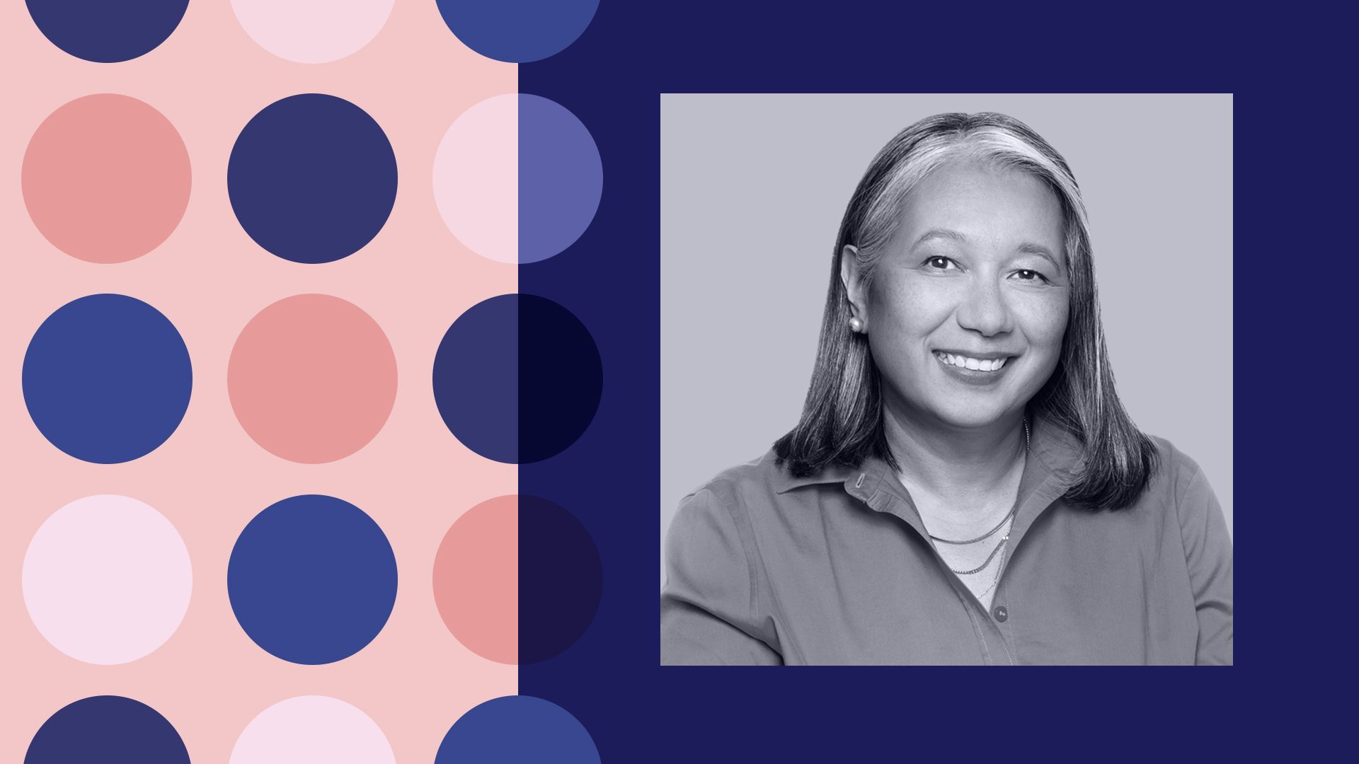 a photo illustration of christine elliott of Moody's Corporation surrounded by colorful circles