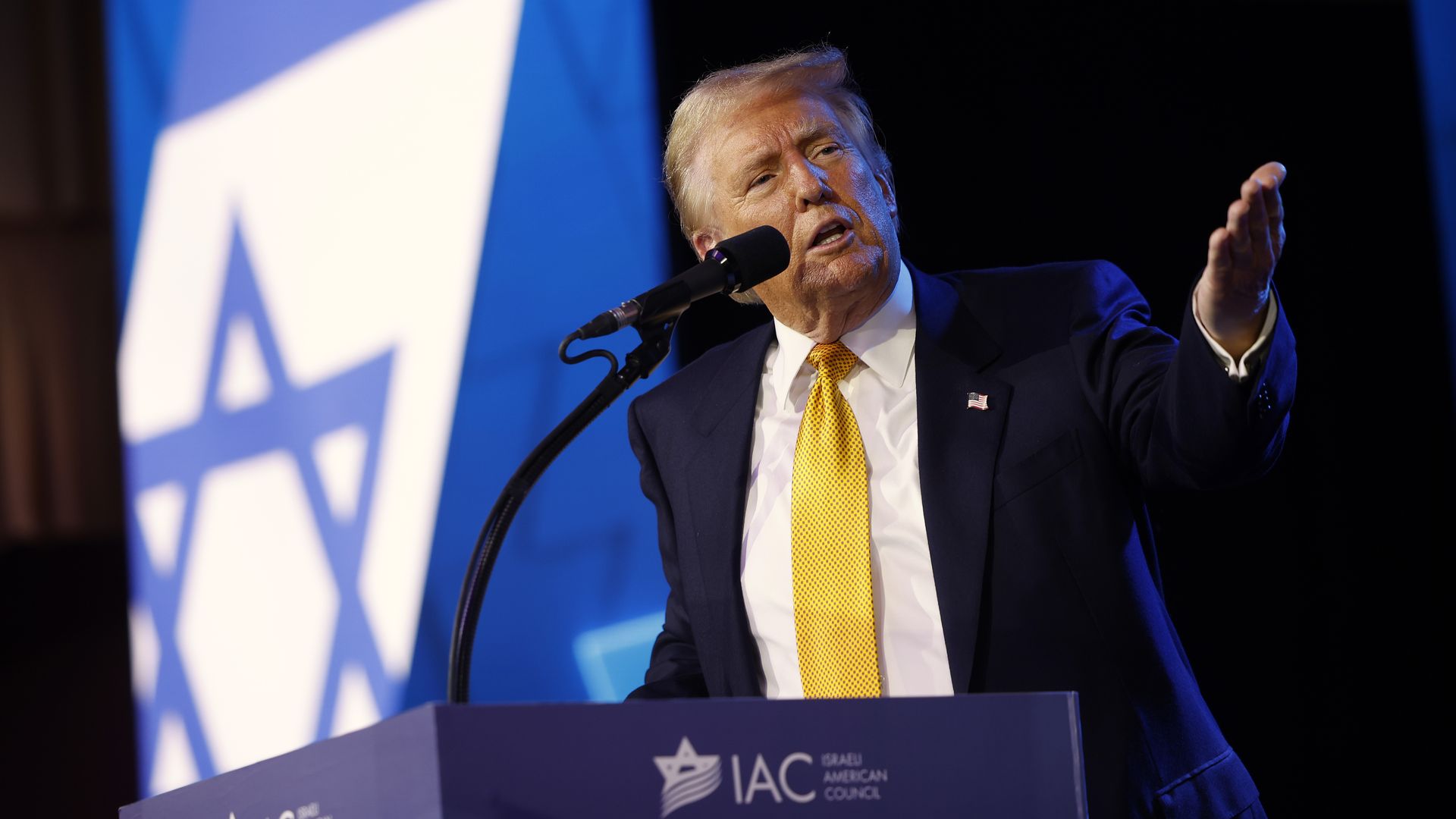 Republican presidential nominee former U.S. President Donald Trump delivers remarks at the Israeli American Council National Summit at the Washington Hilton on September 19, 2024 in Washington, DC. 