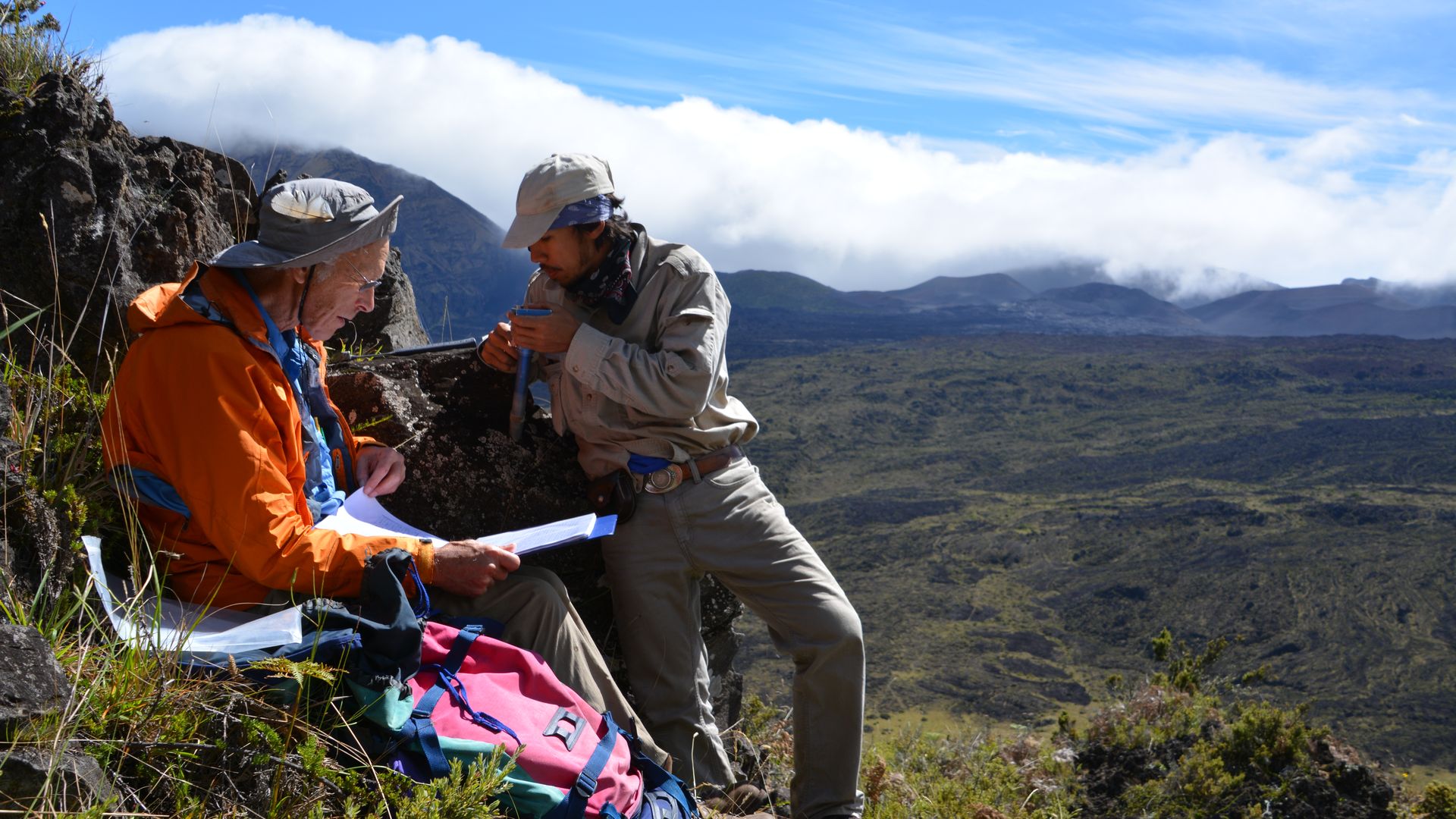Researchers orienting cores from a lava flow site recording the Matuyama-Brunhes magnetic polarity reversal in Haleakala National Park, Hawaii, in 2015. 