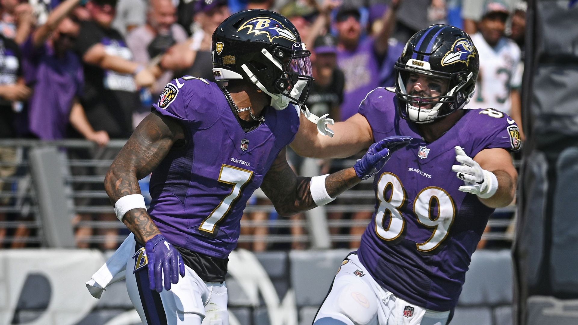 Ravens celebrate a touchdown against the Dolphins.