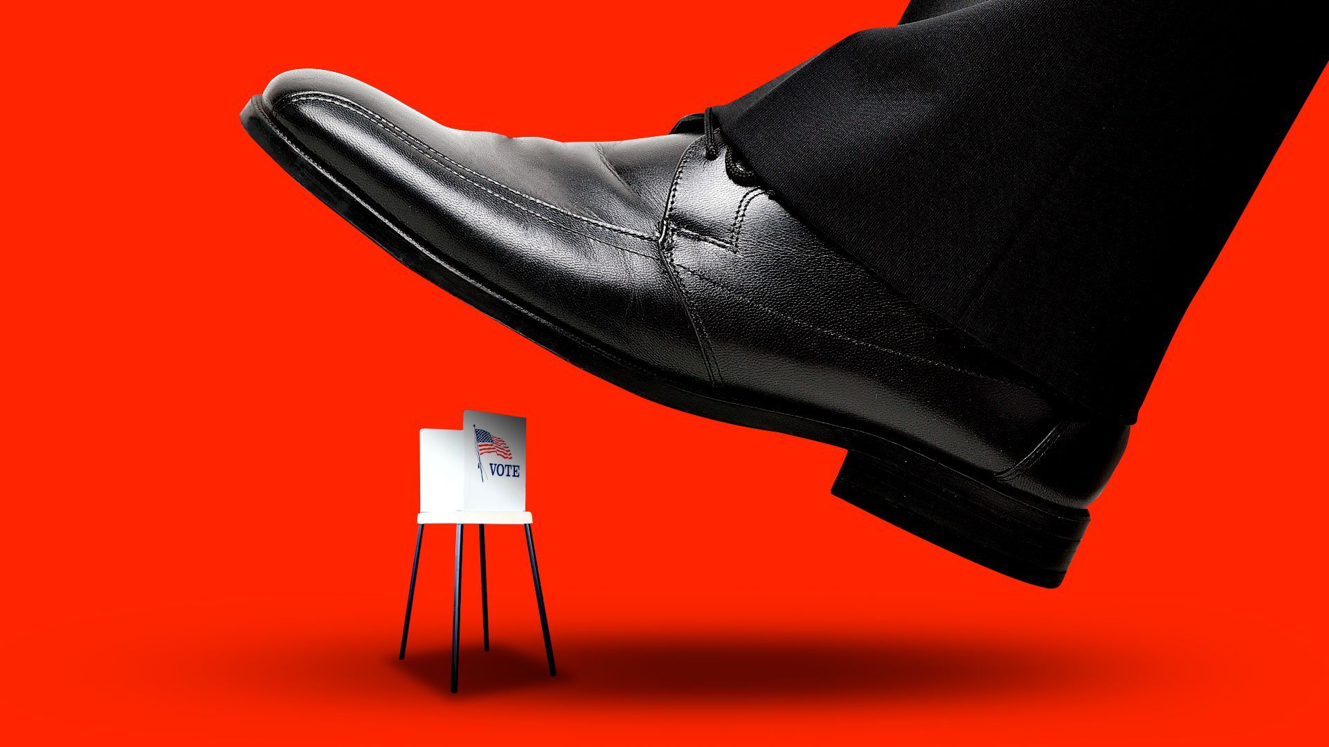 Illustration of a large shoe about to step on a tiny voting booth.