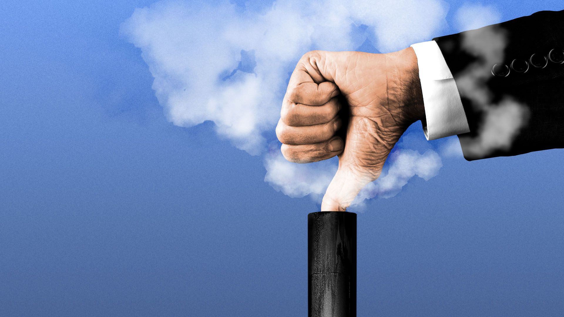 IIllustration of a hand in a suit plugging up a smokestack