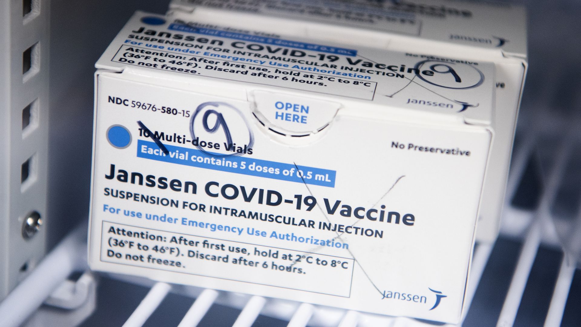 A box of Johnson & Johnson's COVID-19 vaccine doses in Washington, D.C., on April 12.
