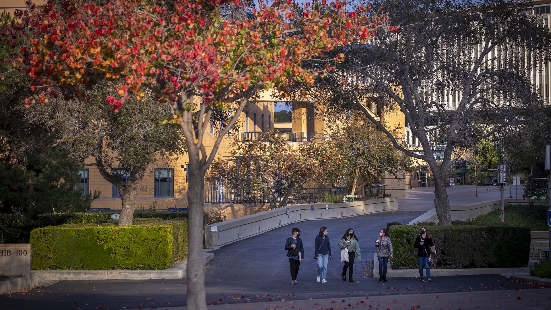 Students, faculty and others walk down a campus path amidst a mostly empty University of California-Irvine campus Friday, Jan. 7, 2022