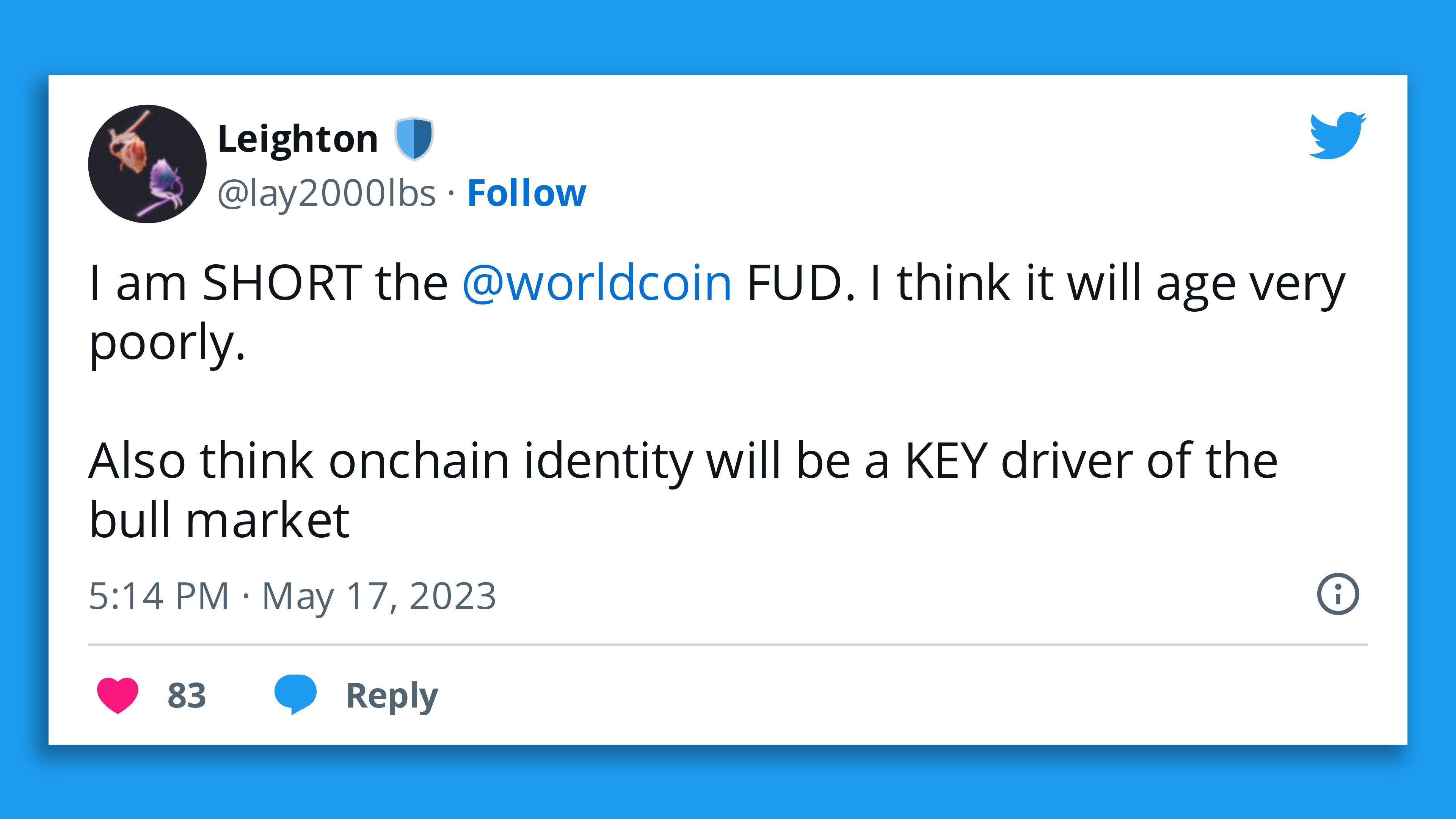 A tweet about Worldcoin.