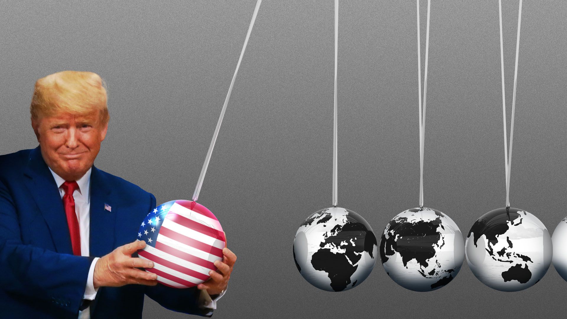 Photo illustration of President Trump holding an American flag ball in a newton's cradle about to hit other balls in the shape of globes