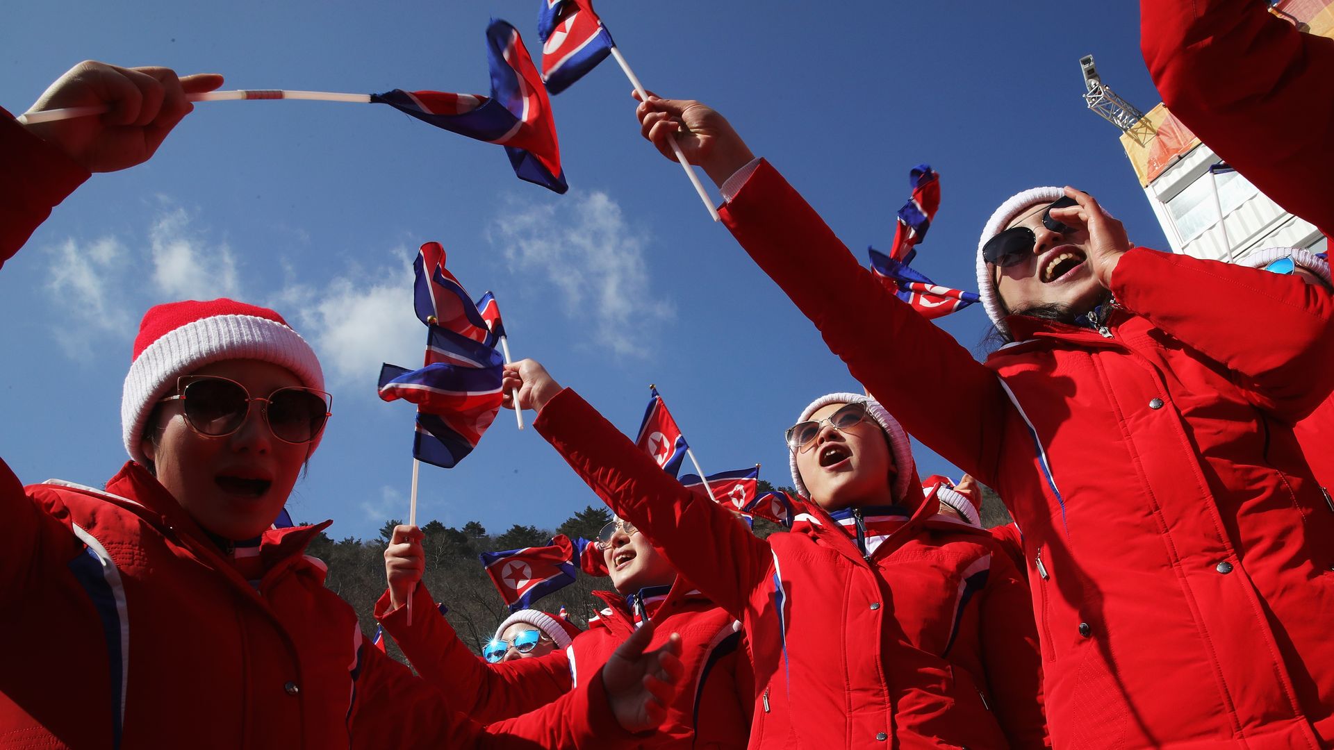 North Korea fans cheer at the finish during the Men's Slalom on day 13 of the PyeongChang 2018 Winter Olympic Games at Yongpyong Alpine Centre on February 22, 2018 in Pyeongchang-gun, South Korea.