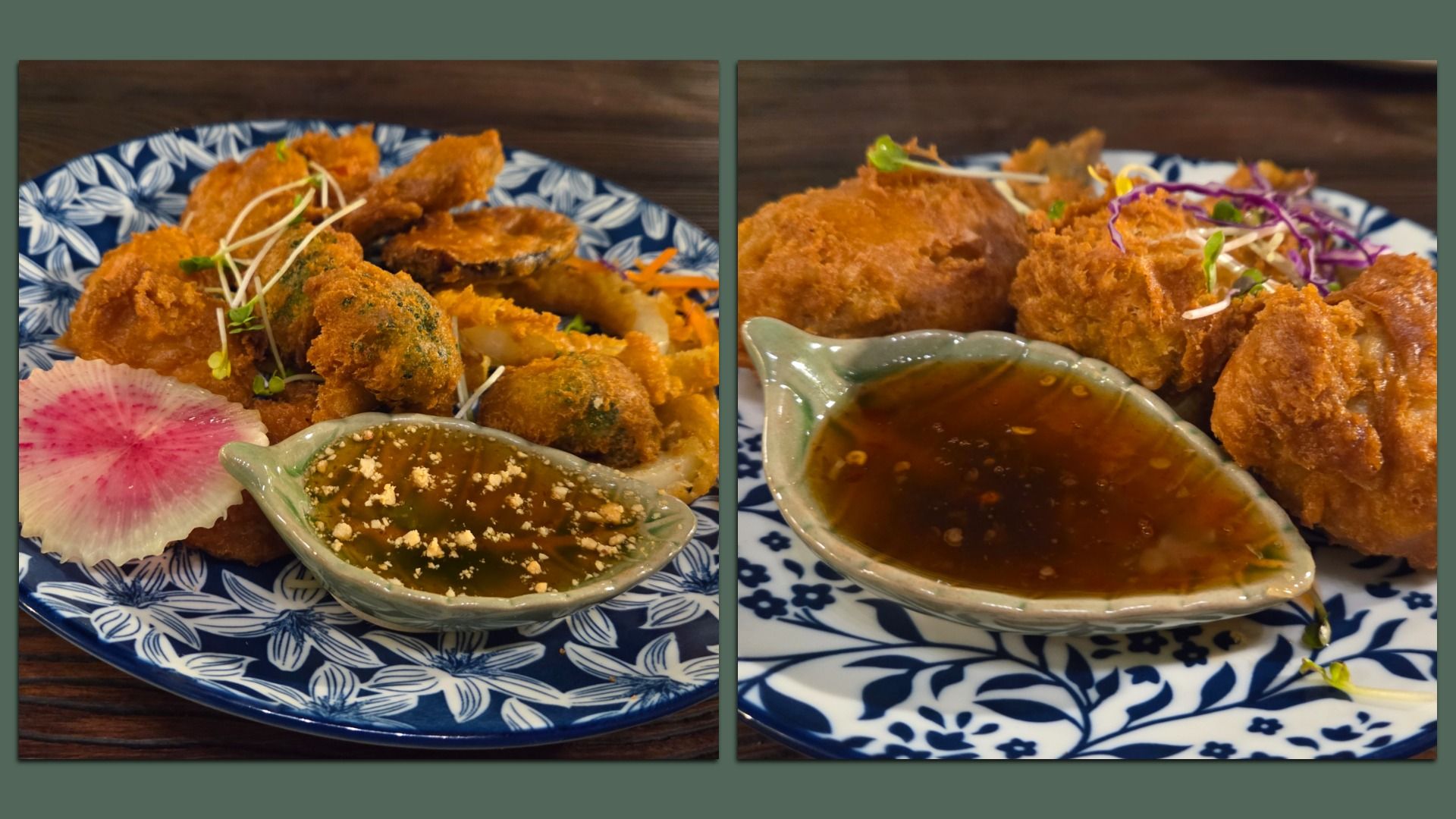 Two plates with fried golden brown appetizers on blue and white floral dishes, garnished with sprouts and served with dipping sauces in green leaf-shaped bowls.
