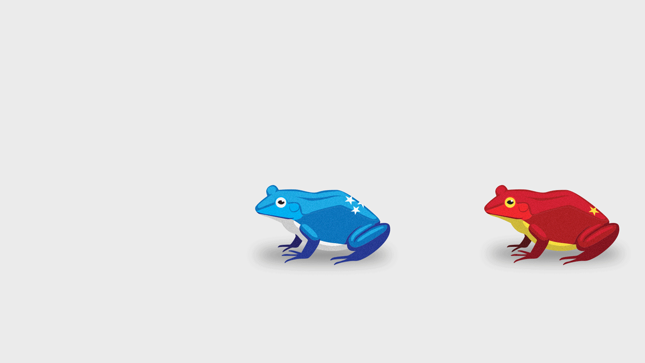Animated illustration of a frog in the Chinese flag colors leap frogging over a frog made up of American flag colors. 