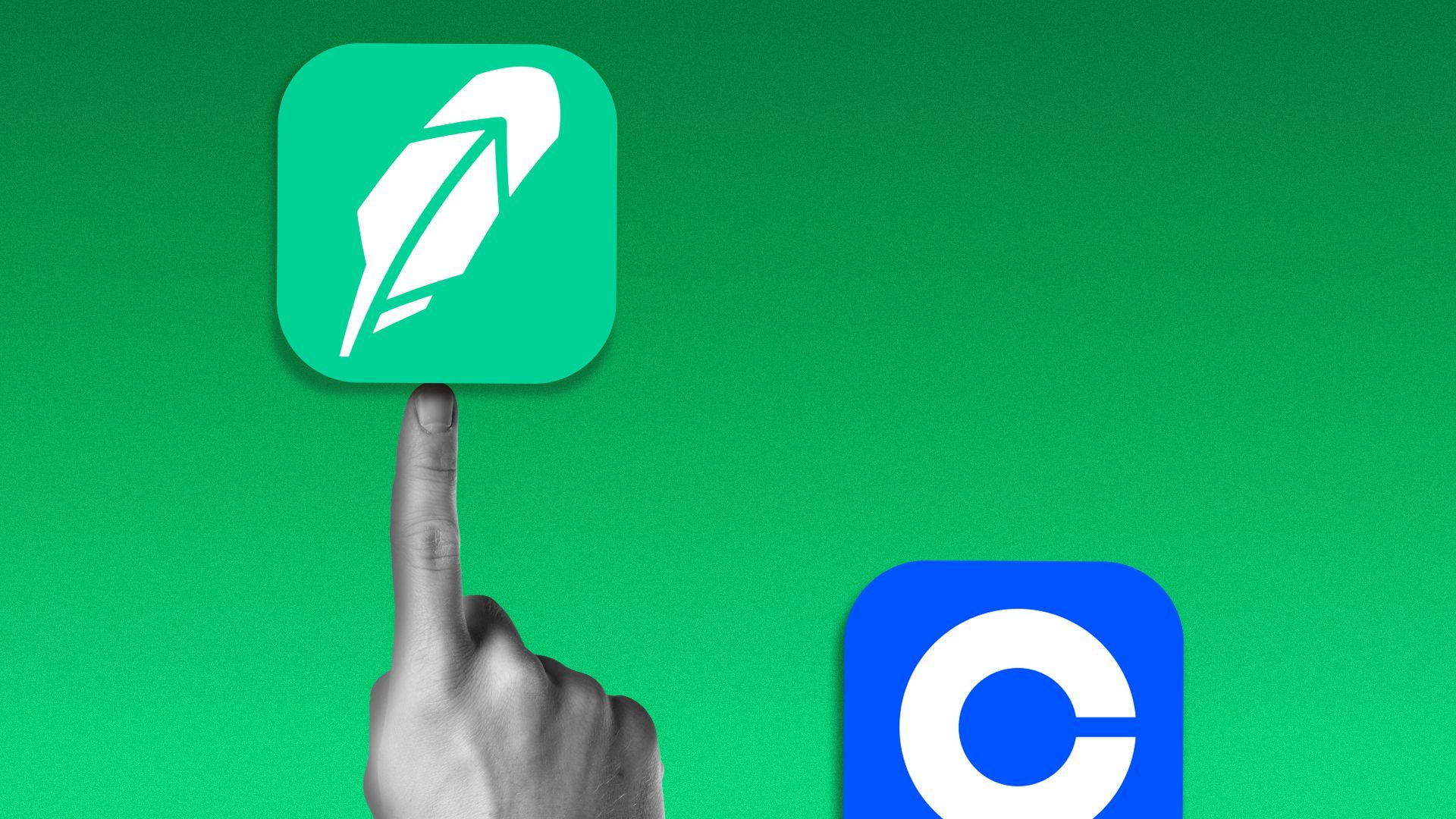Illustration of a finger pushing up the Robinhood app with the Coinbase app below